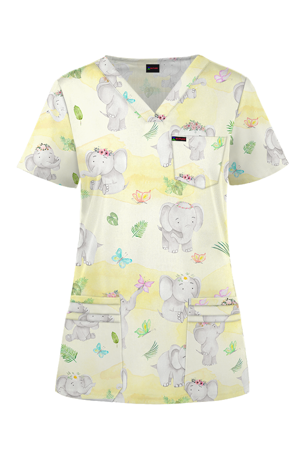 Cute Baby Elephant Printed Scrub Top Nurses Medical Fun Friday Scrub Top