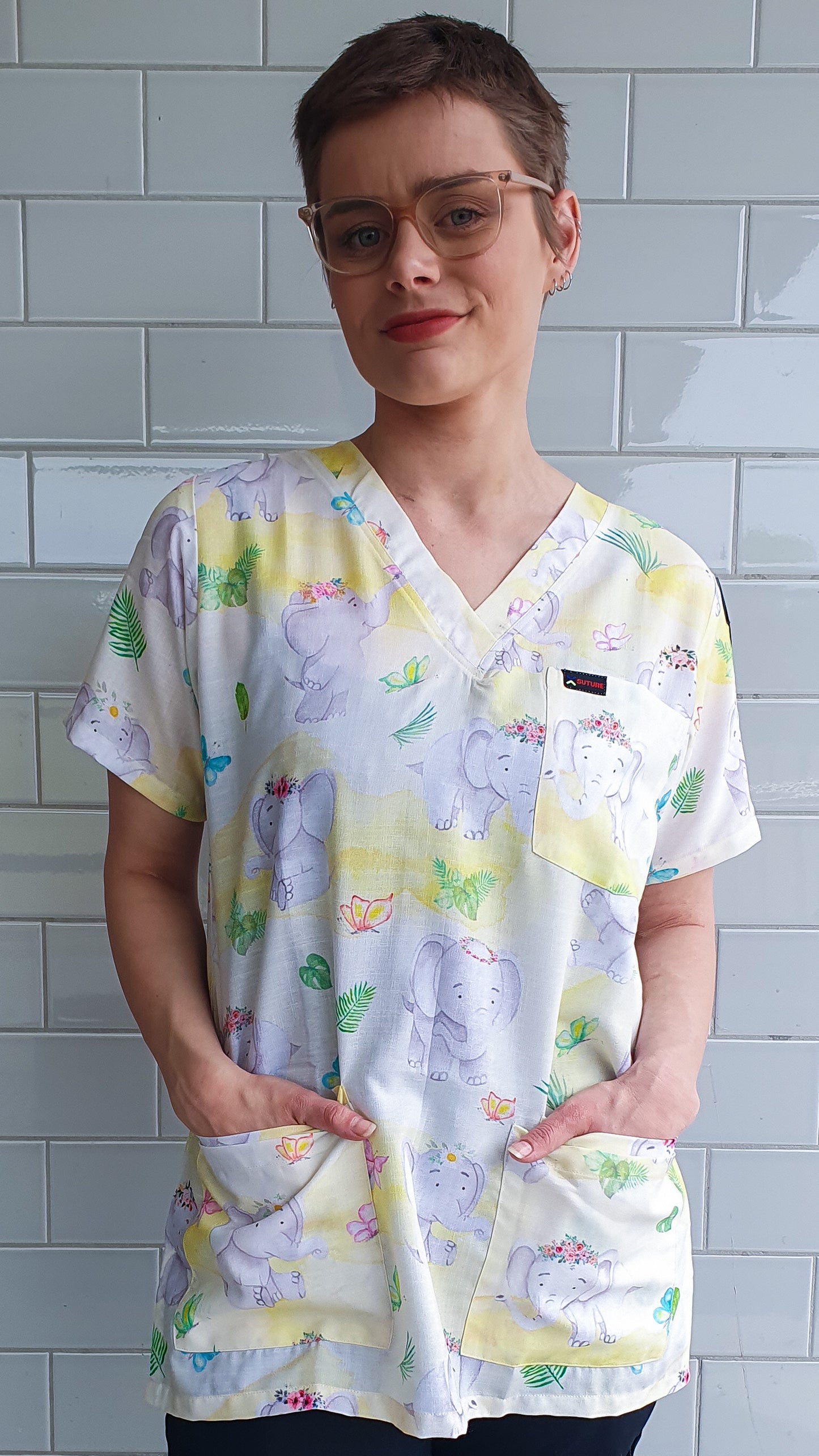 Cute Baby Elephant Printed Scrub Top Nurses Medical Fun Friday Scrub Top