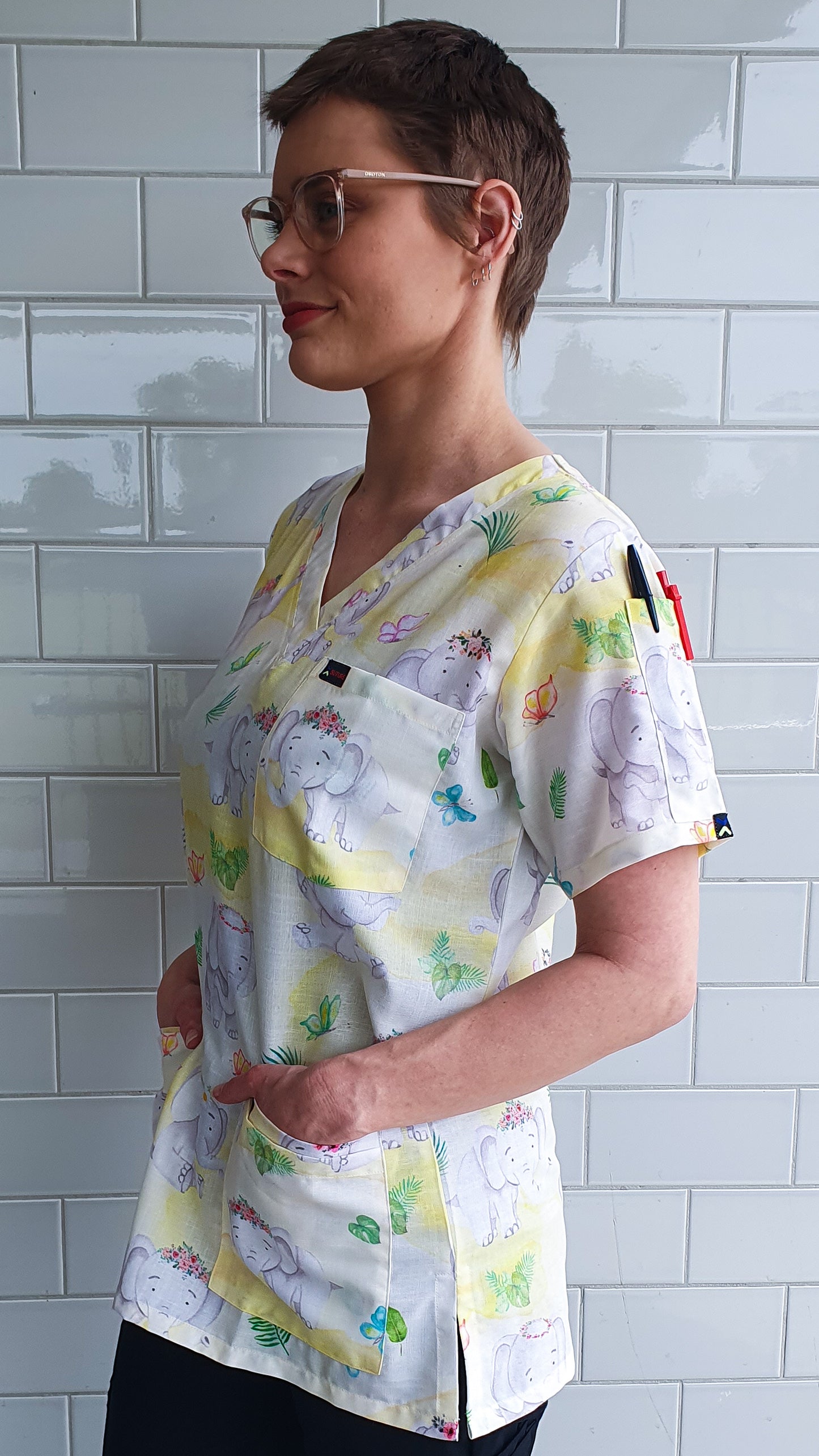 Cute Baby Elephant Printed Scrub Top Nurses Medical Fun Friday Scrub Top