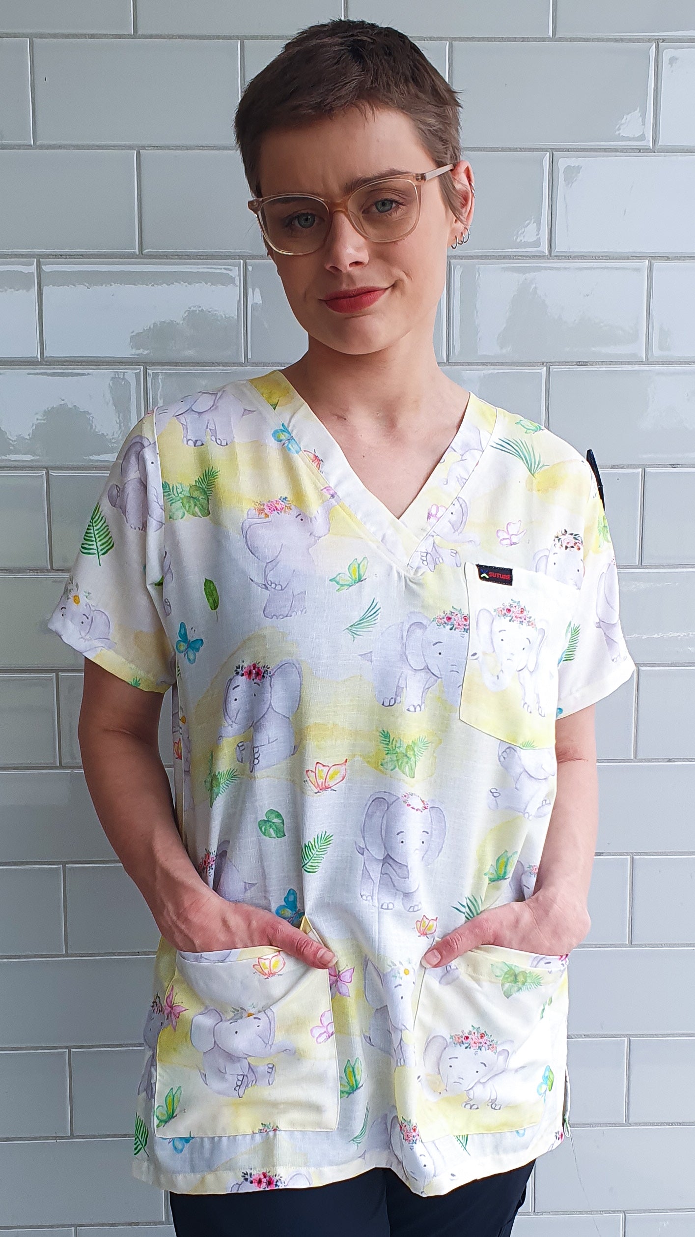 Cute Baby Elephant Printed Scrub Top Nurses Medical Fun Friday Scrub Top