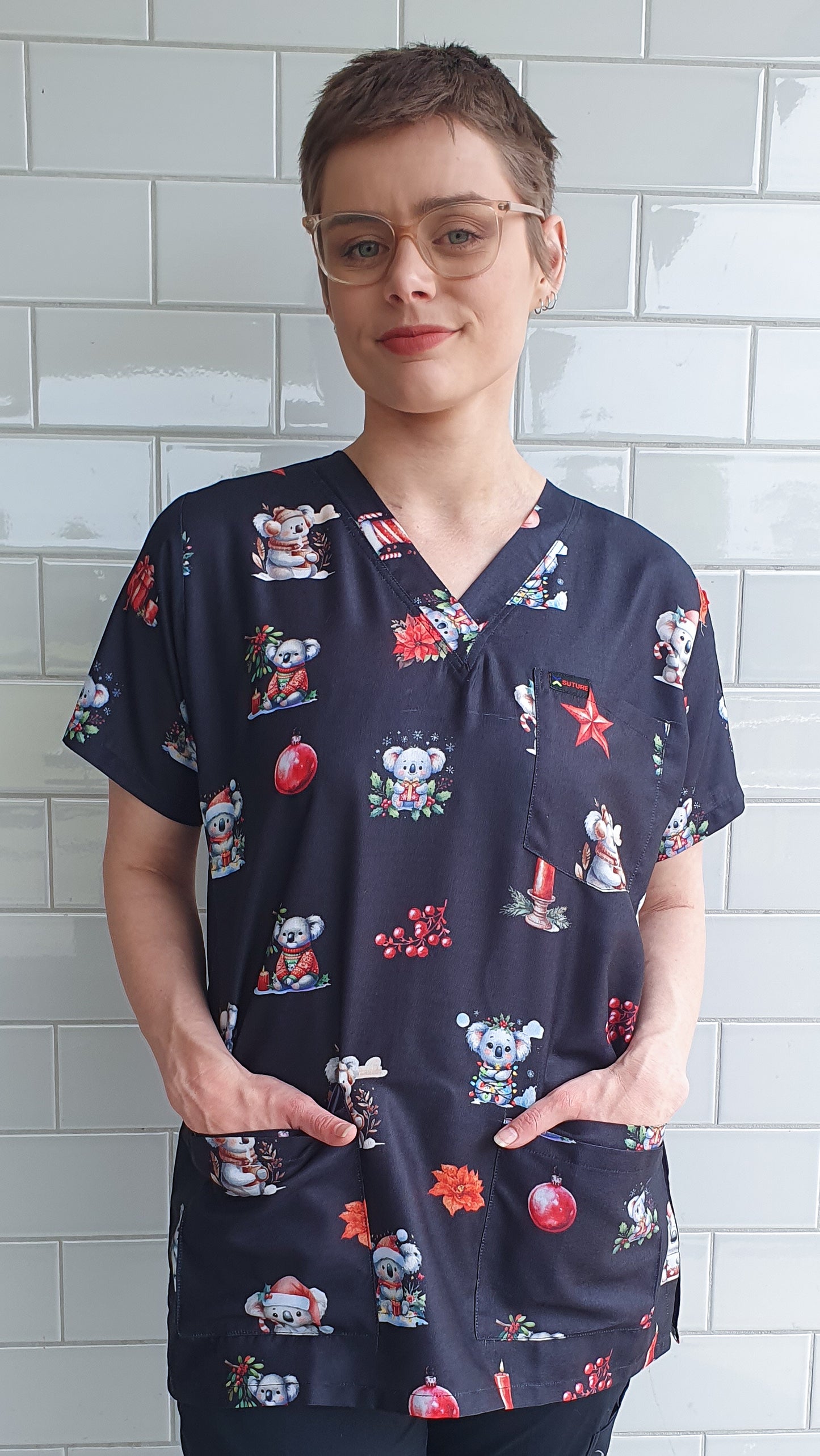 Black Christmas Koala  Printed Fun  Scrub Top Australia