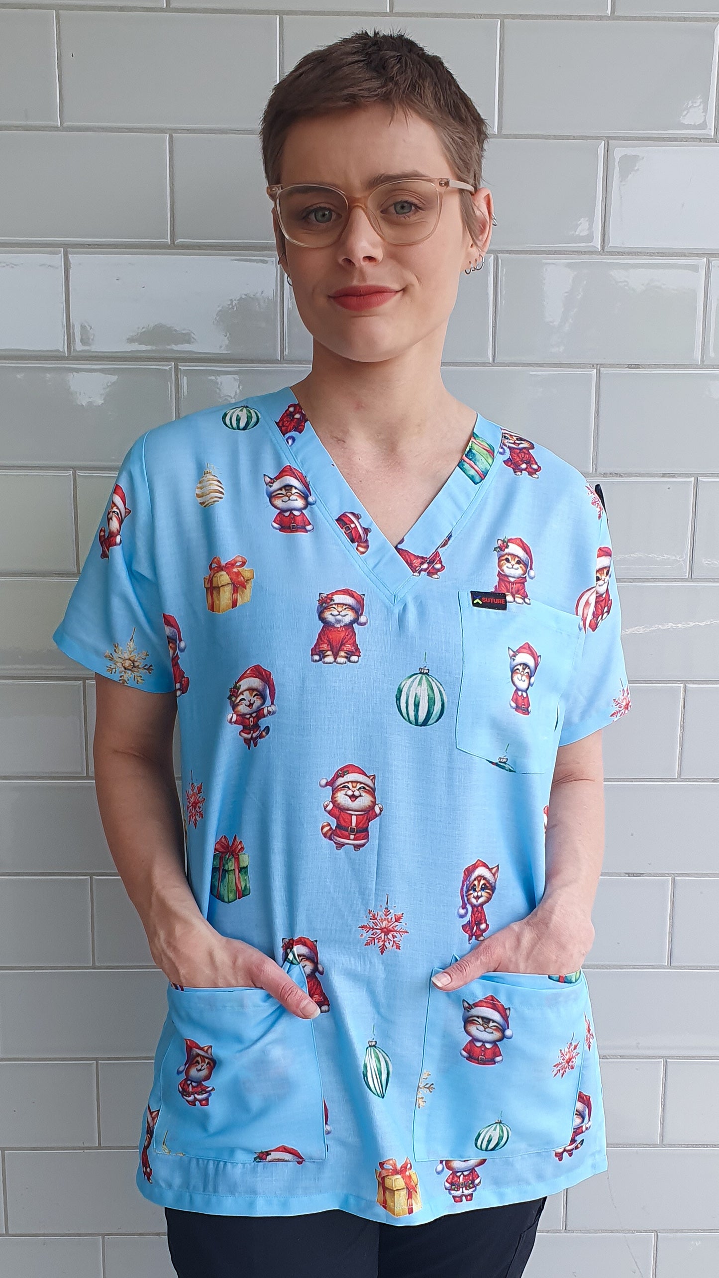 Christmas Cat   Printed Fun  Scrub Top Australia