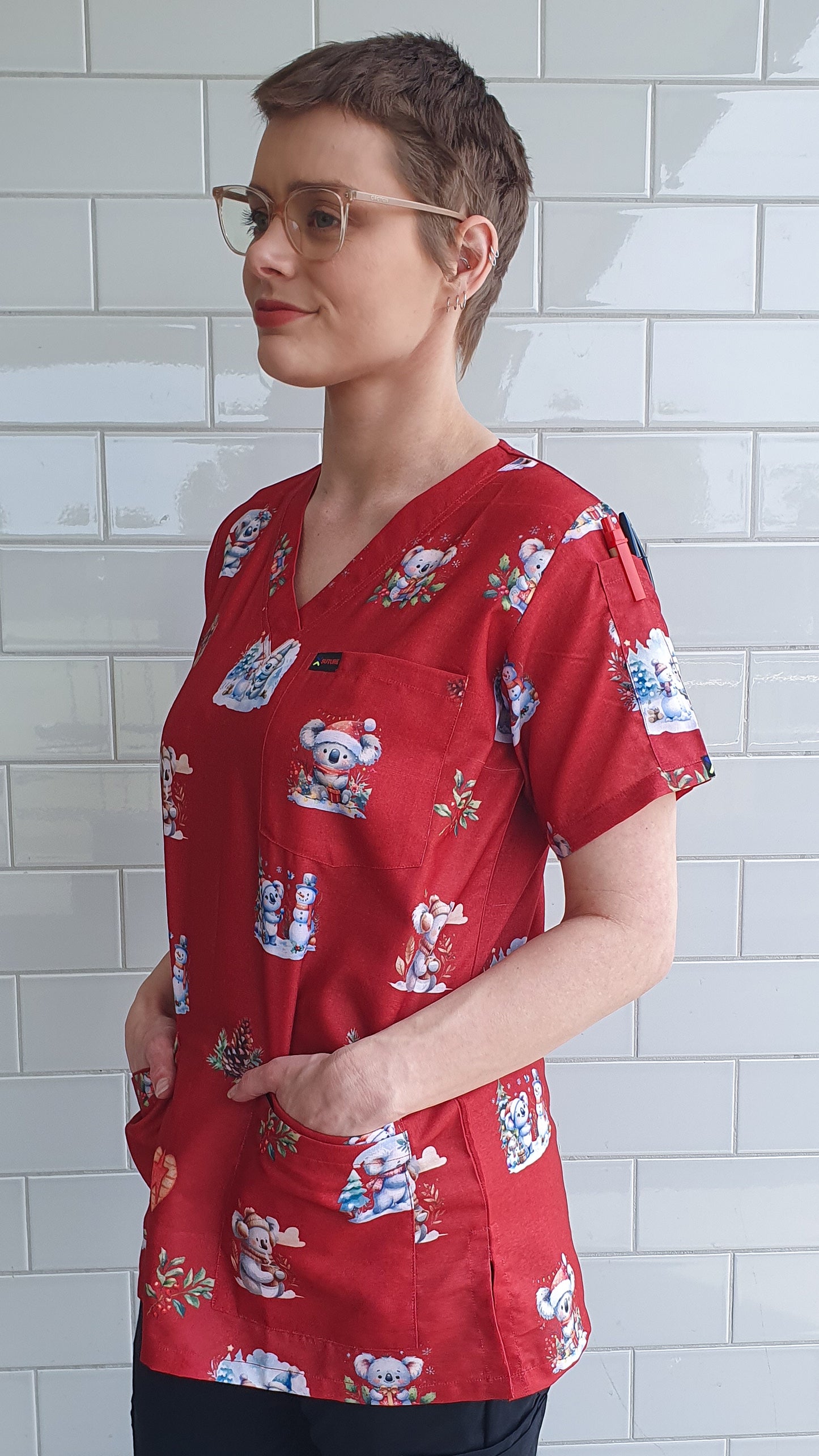 Red Koala Christmas  Printed Fun  Scrub Top Australia