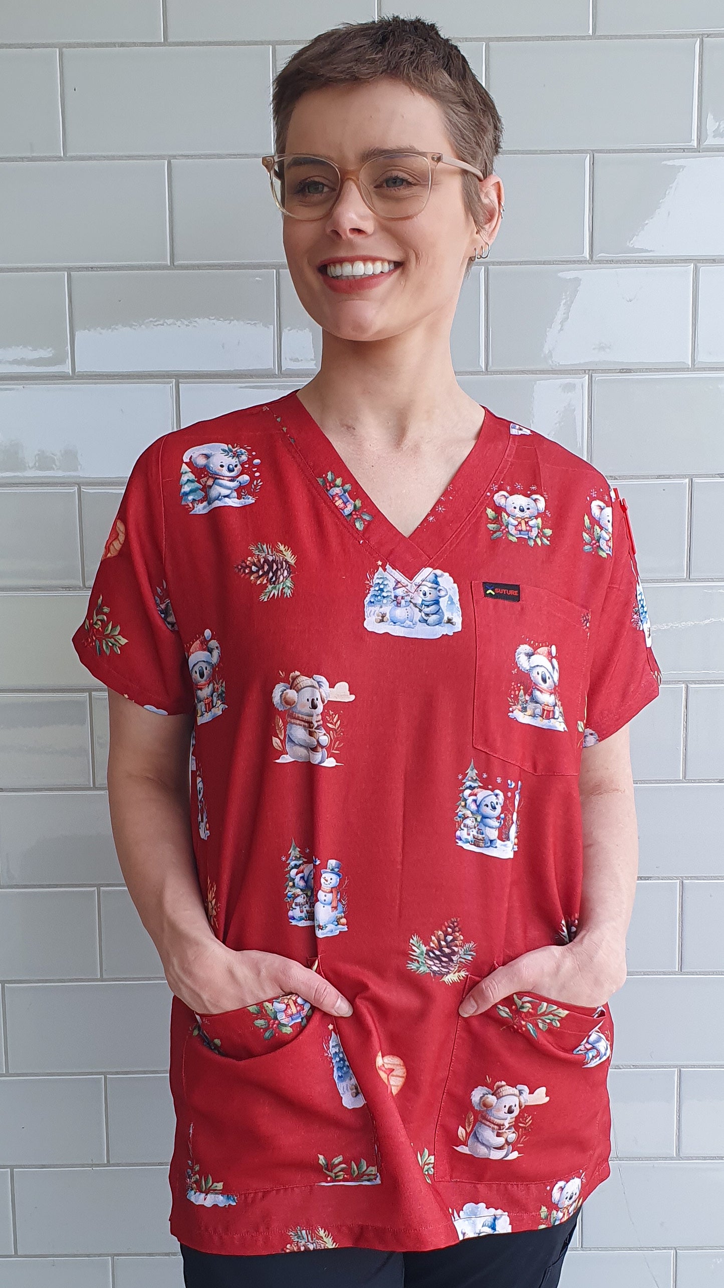 Red Koala Christmas  Printed Fun  Scrub Top Australia