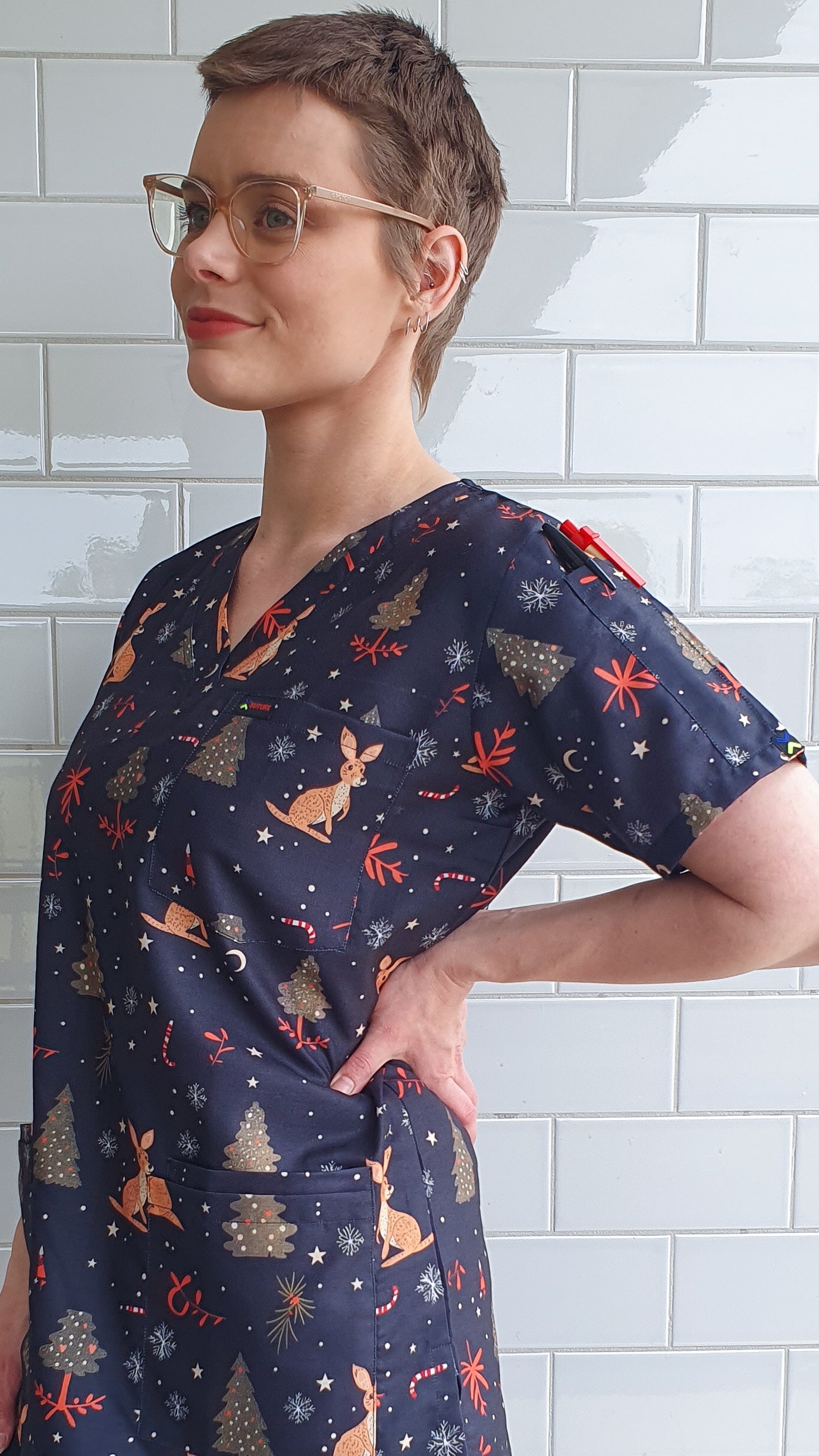 Kangaroo Christmas  Printed Fun  Scrub Top Australia