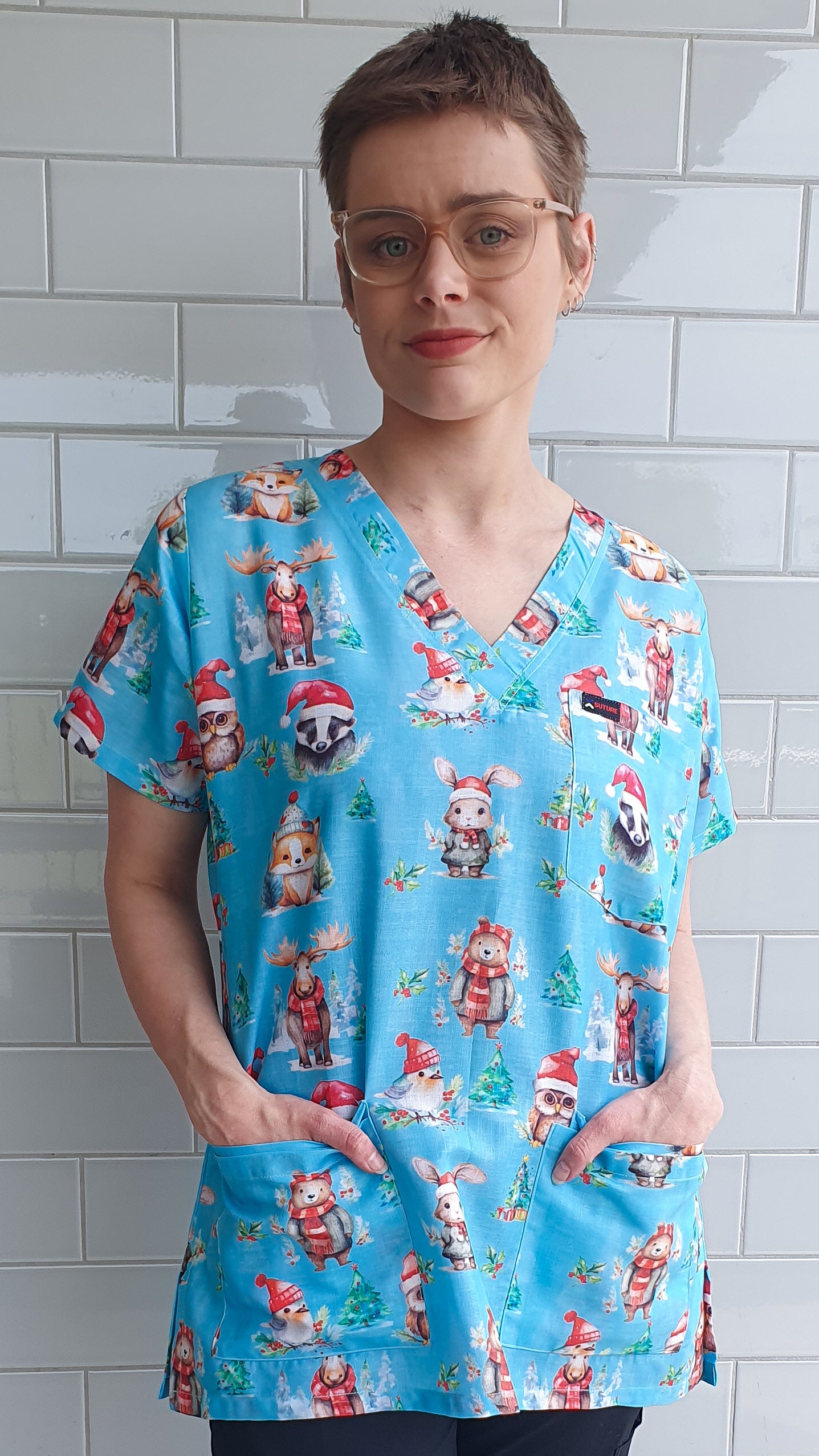 Christmas Animal Bear Owl Fox Printed Fun  Scrub Top Australia