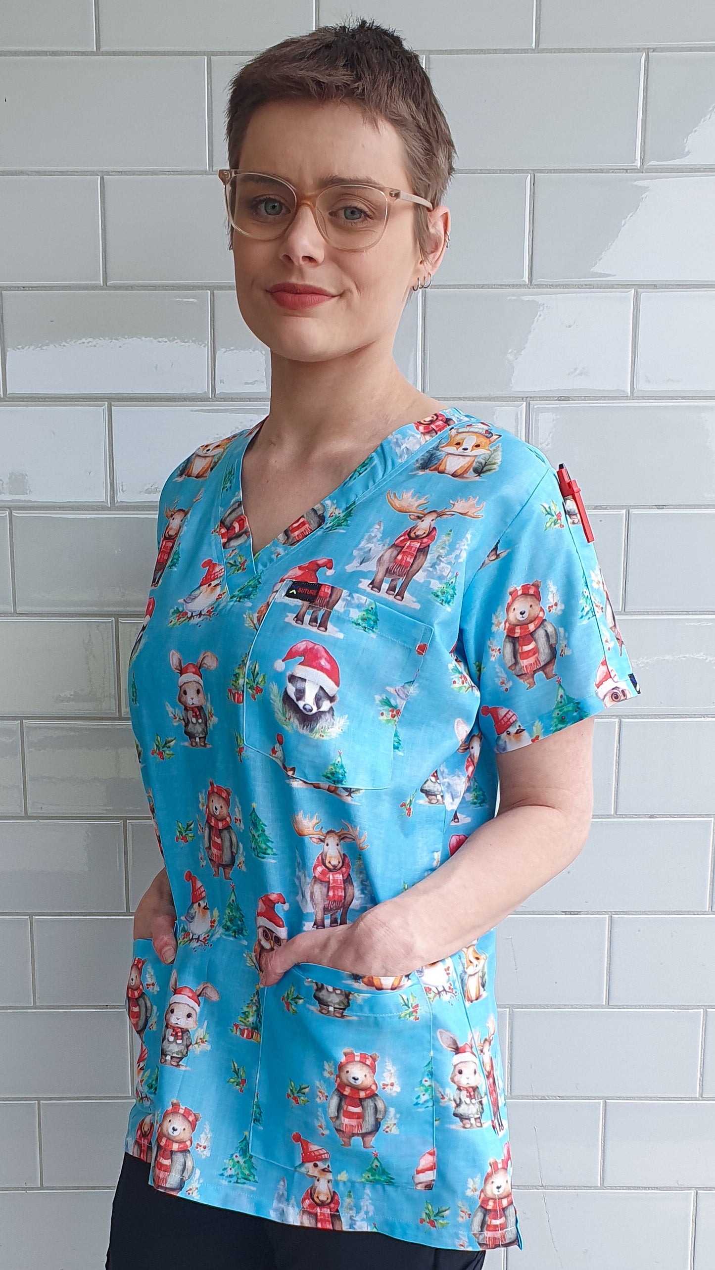 Christmas Animal Bear Owl Fox Printed Fun  Scrub Top Australia