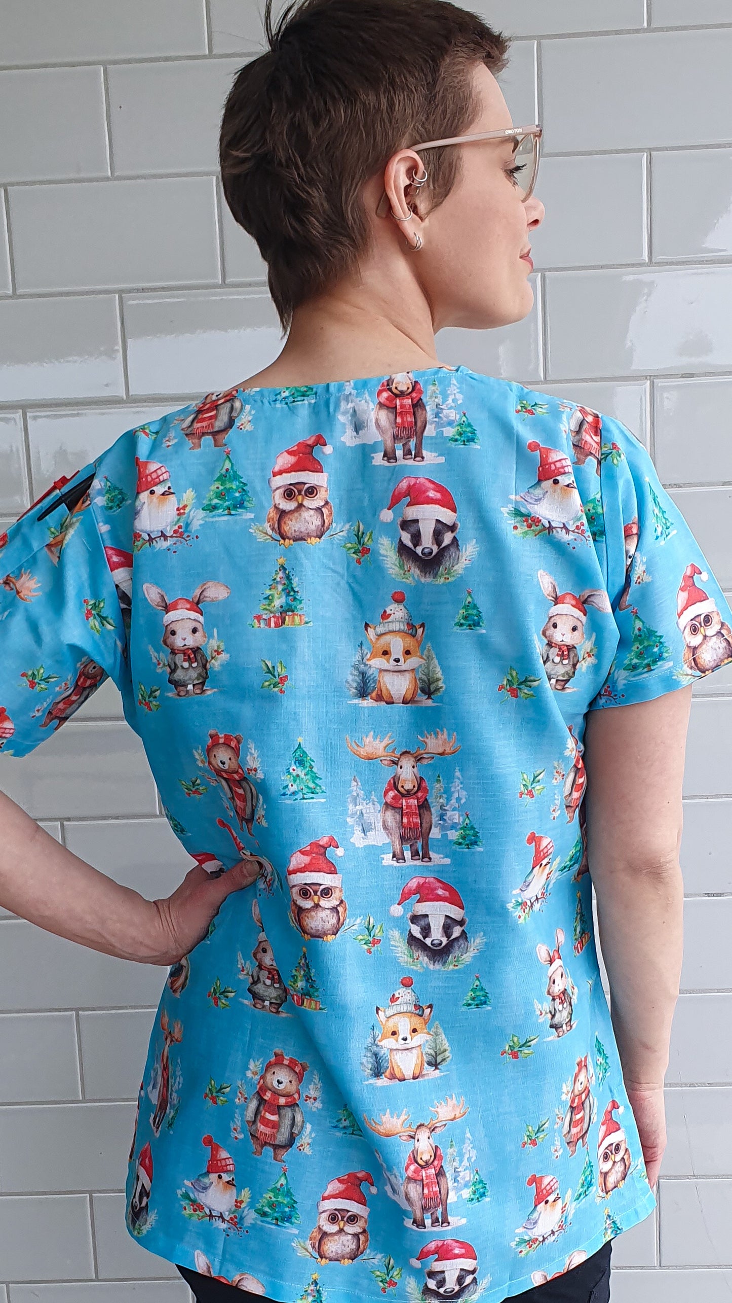 Christmas Animal Bear Owl Fox Printed Fun  Scrub Top Australia