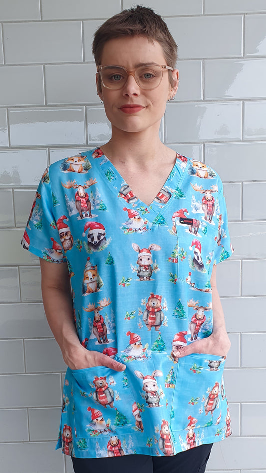 Christmas Animal Bear Owl Fox Printed Fun  Scrub Top Australia