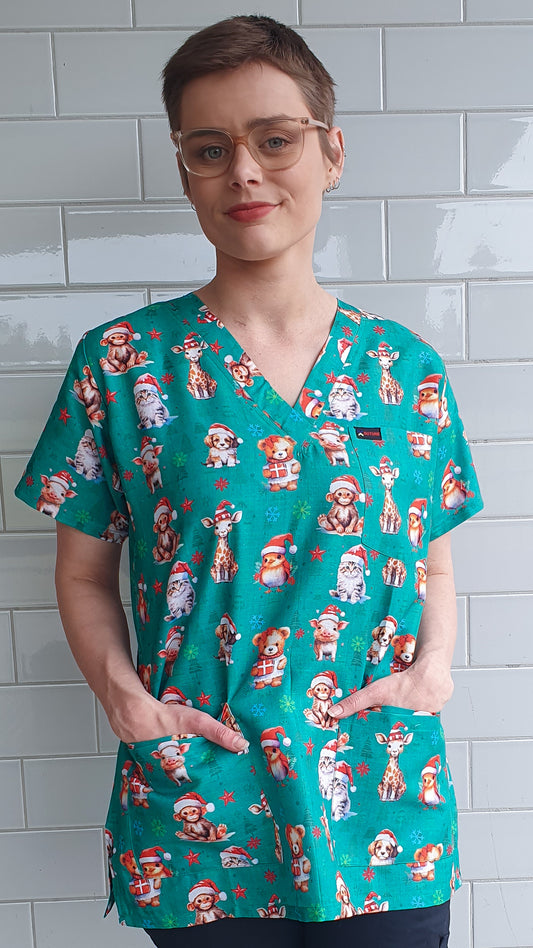 Christmas Animals Pig Dog Cat Monkey Printed Fun  Scrub Top Australia