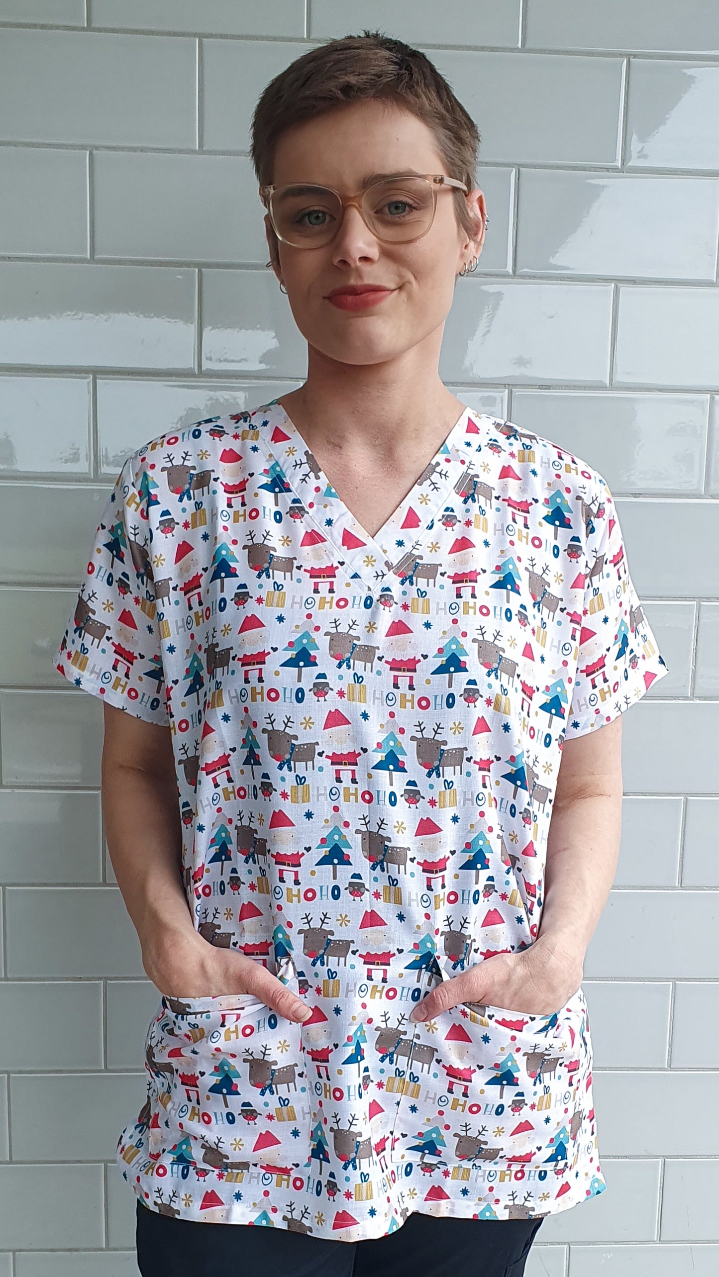 Christmas Scrub Top Santa Reindeer HoHo