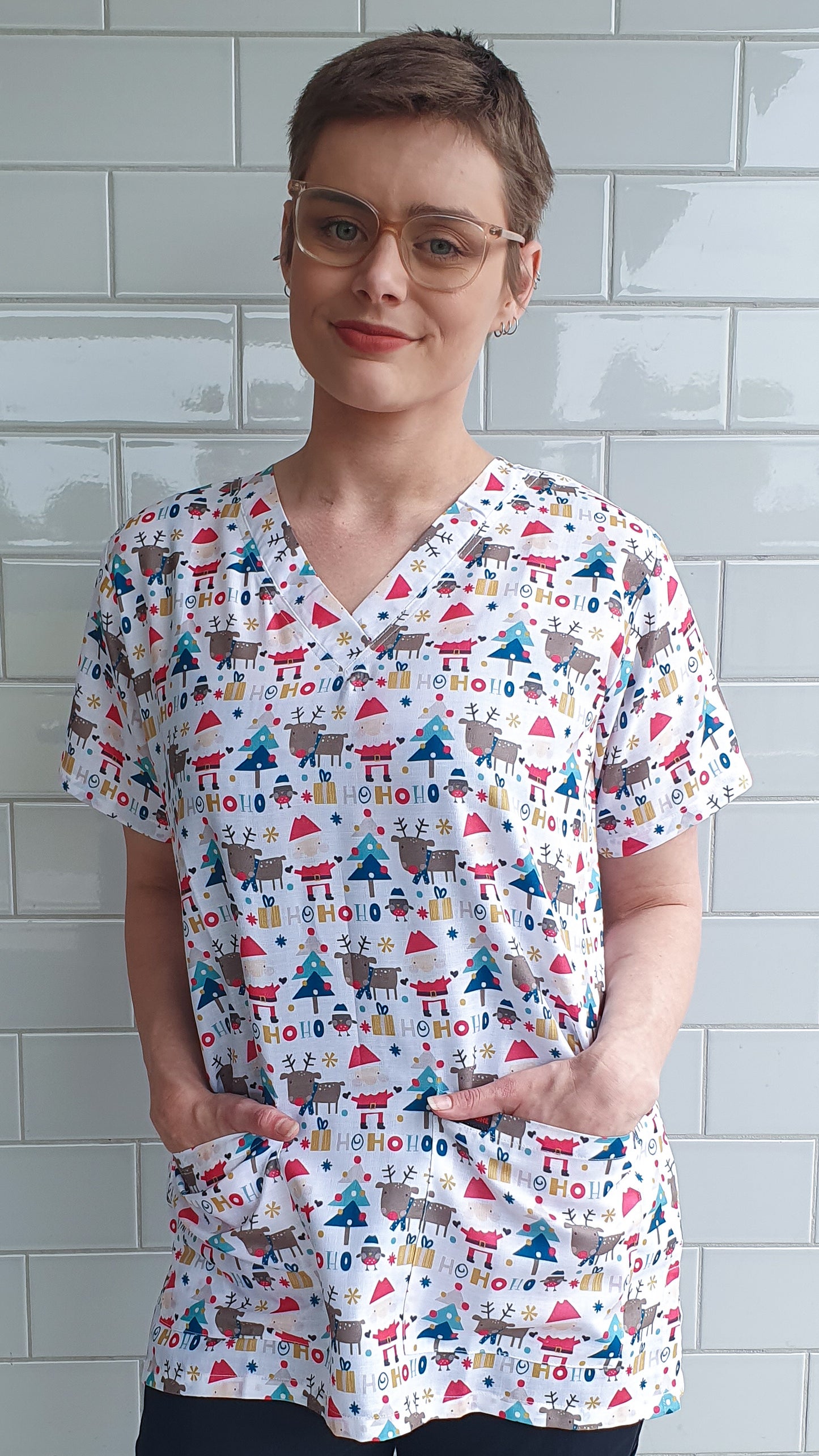 Christmas Scrub Top Santa Reindeer HoHo