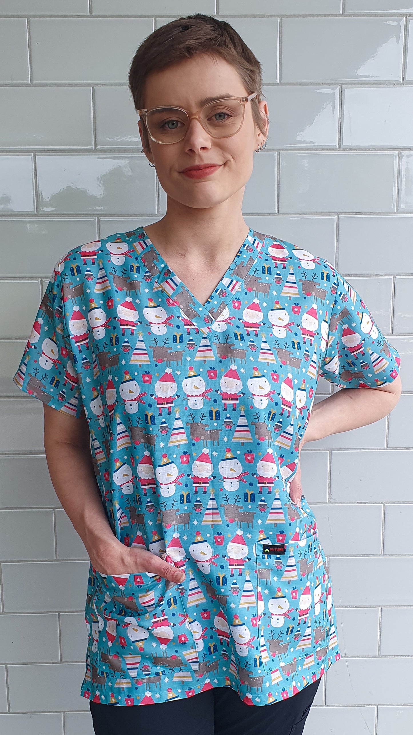 Christmas Scrub Top Santa Snowman Reindeer