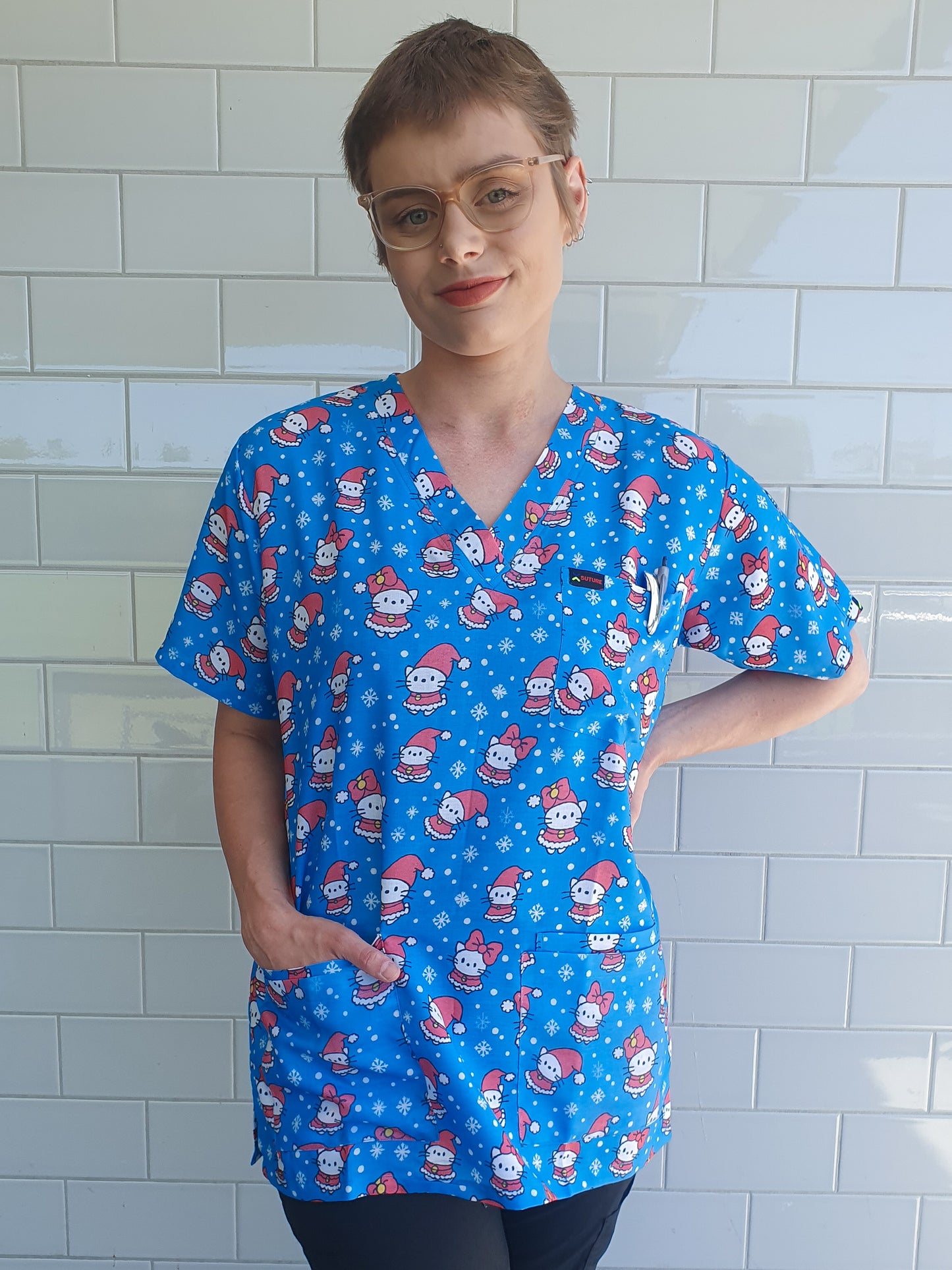 Blue Kitten Christmas Printed Fun Scrub Top Australia