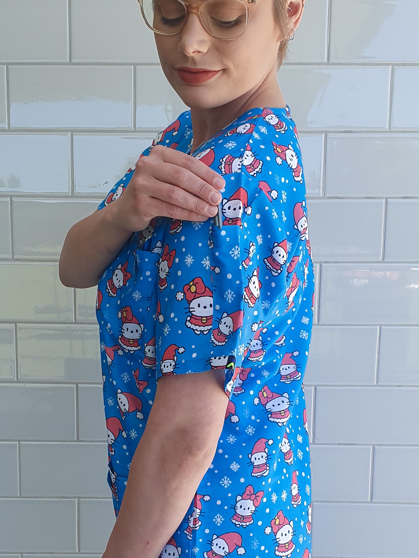 Blue Kitten Christmas Printed Fun Scrub Top Australia