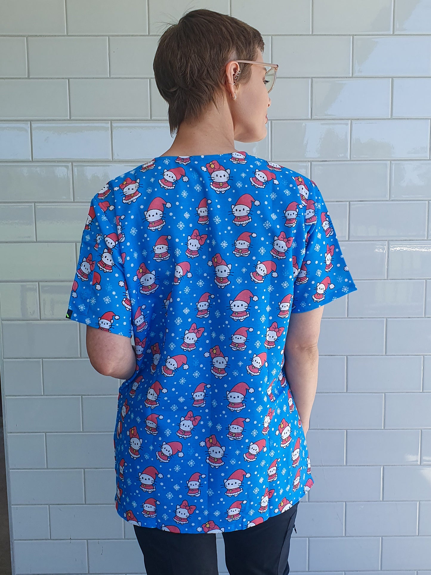 Blue Kitten Christmas Printed Fun Scrub Top Australia