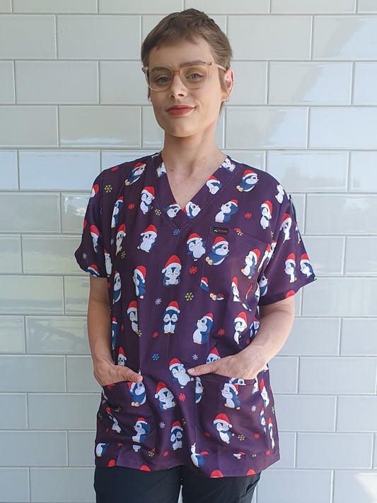 Christmas Penguin Printed  Scrub Top Australia