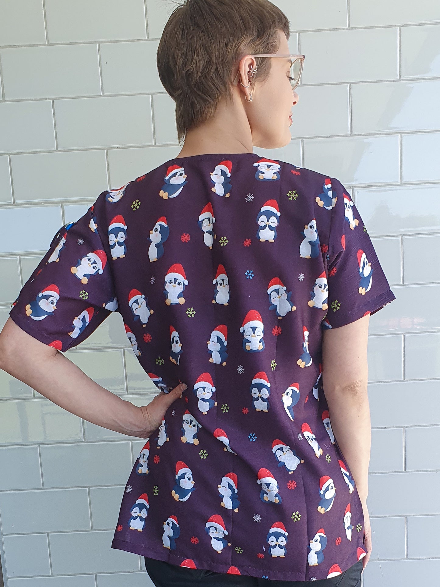 Christmas Penguin Printed  Scrub Top Australia