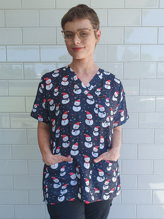 Snowman Black Christmas Printed Fun  Scrub Top Australia