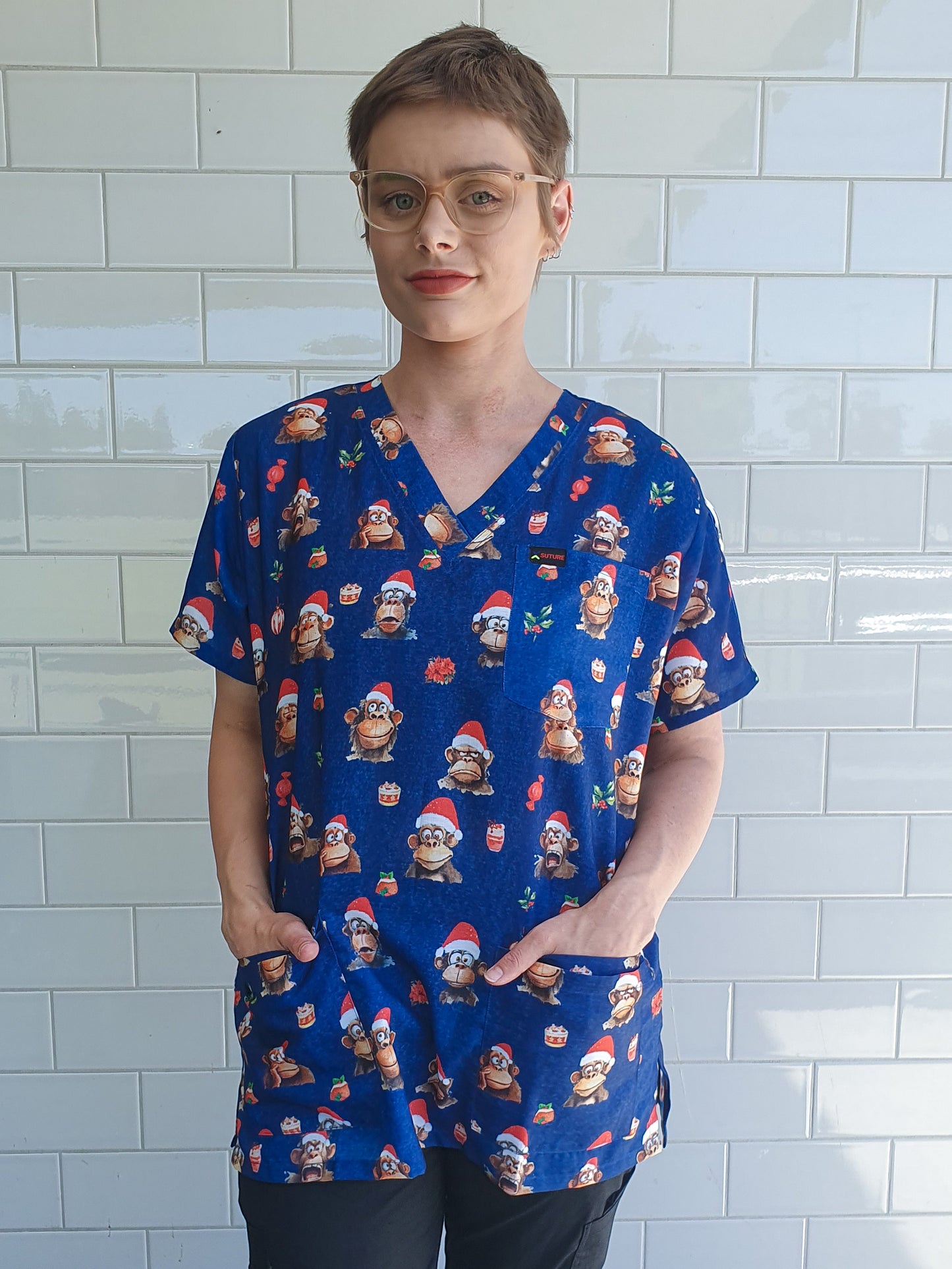 Monkey Printed Christmas Scrub Top Australia