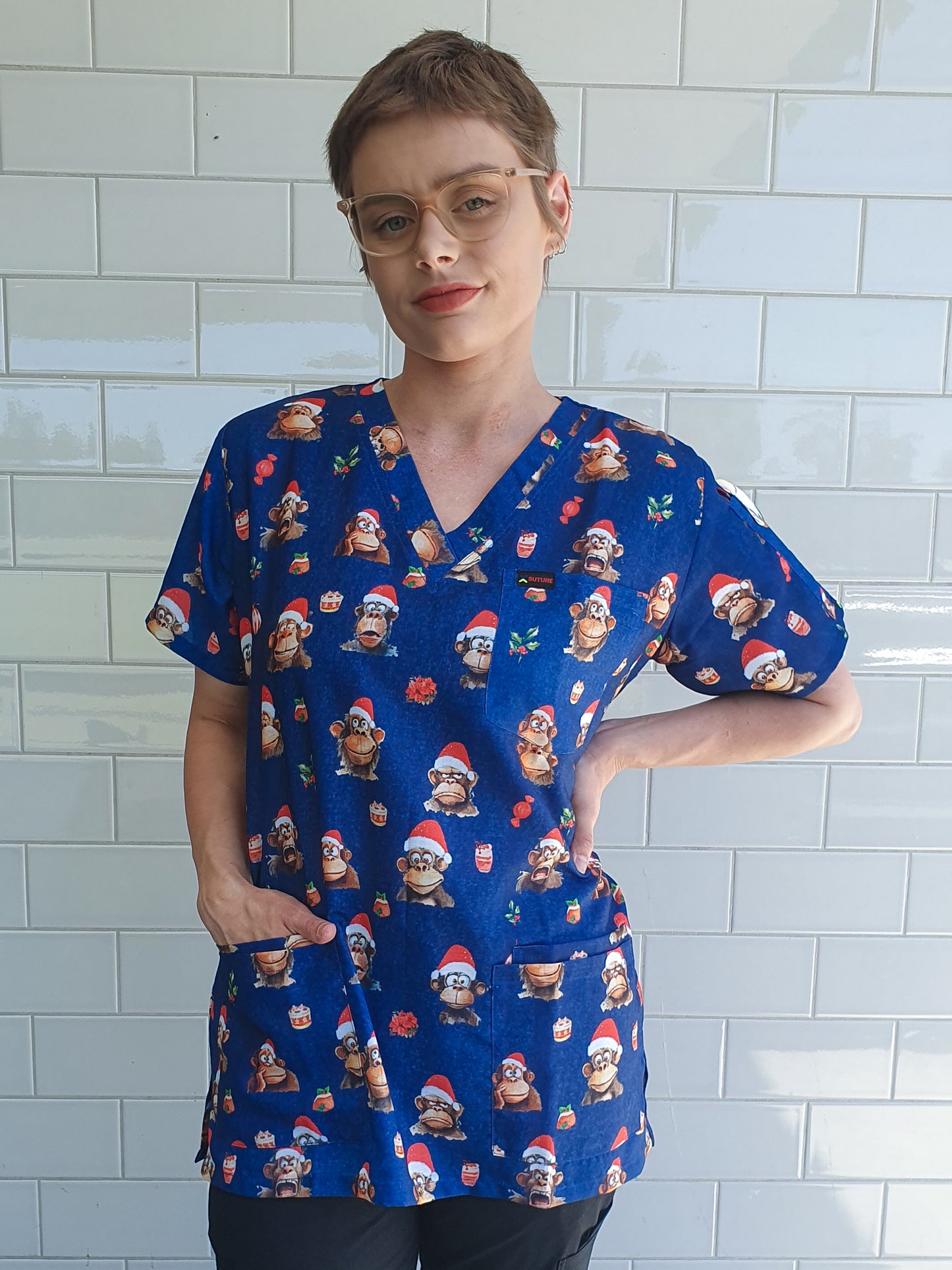 Monkey Printed Christmas Scrub Top Australia