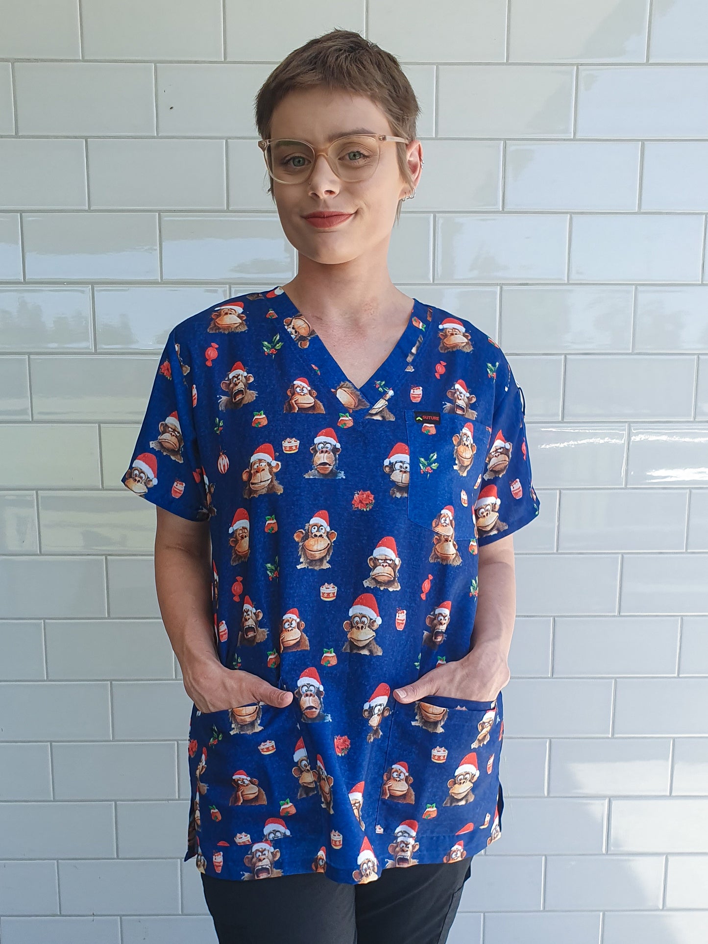 Monkey Printed Christmas Scrub Top Australia