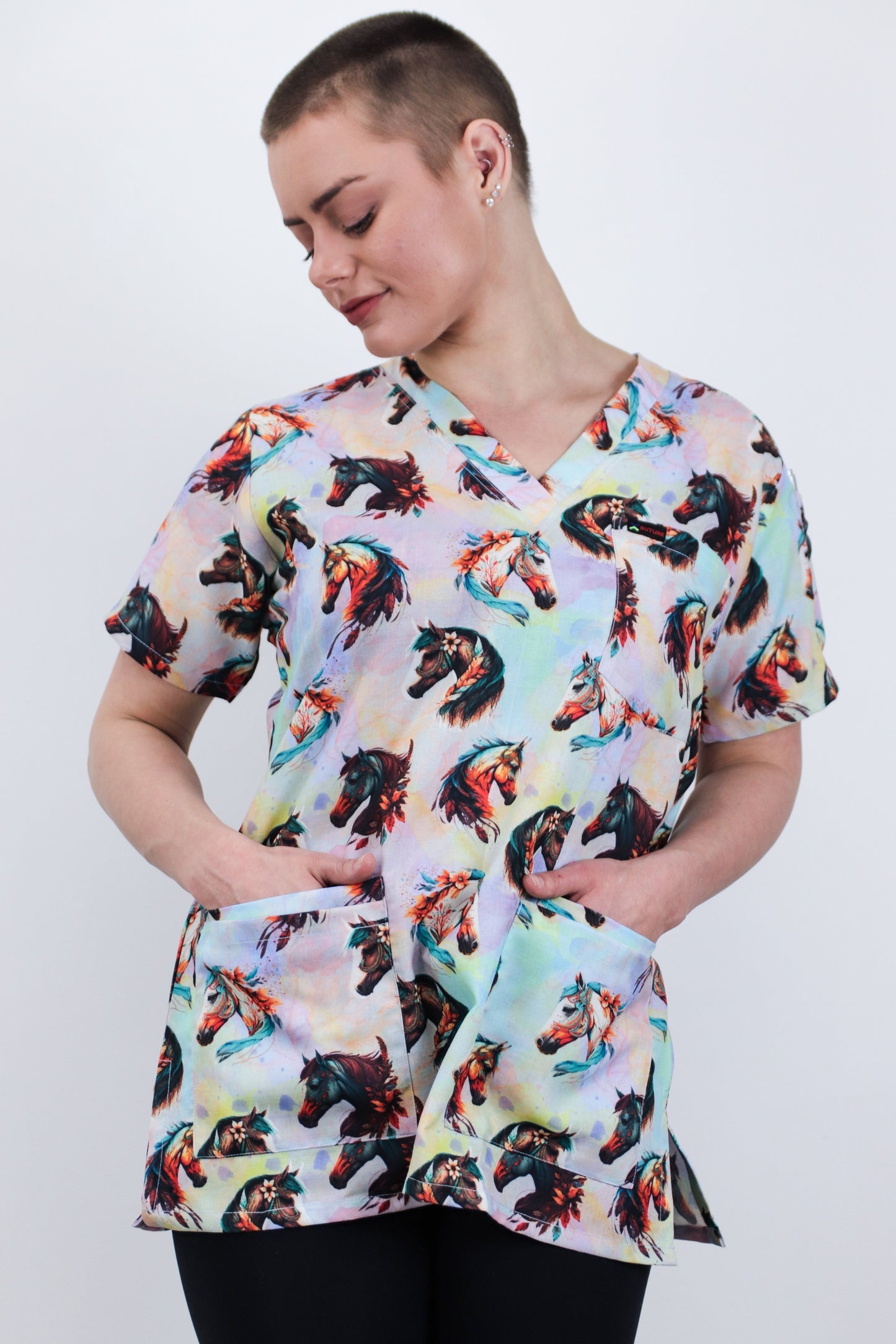 Horse Printed Scrub Top Australia Nurses Patterened Cheap Scrub Top