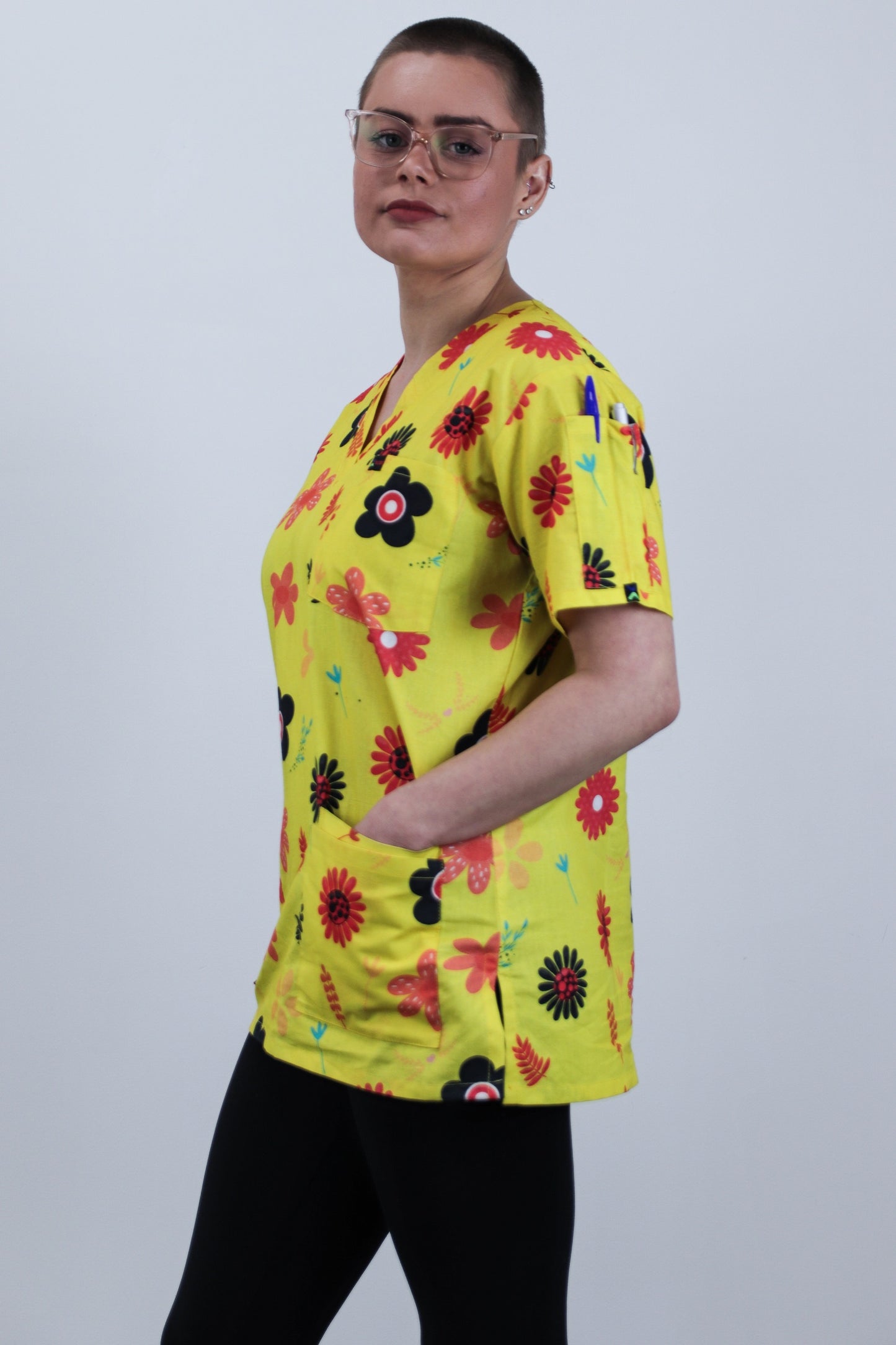 Doodle Floral Printed Womens Cotton Scrub Top Nurses Medical Australia