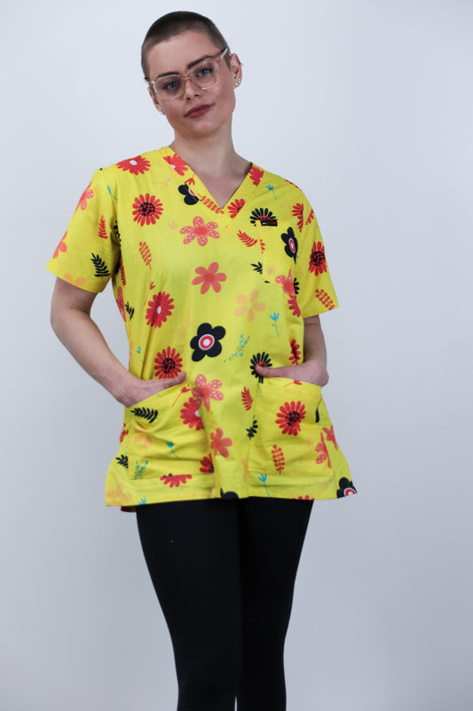 Doodle Floral Printed Womens Cotton Scrub Top Nurses Medical Australia