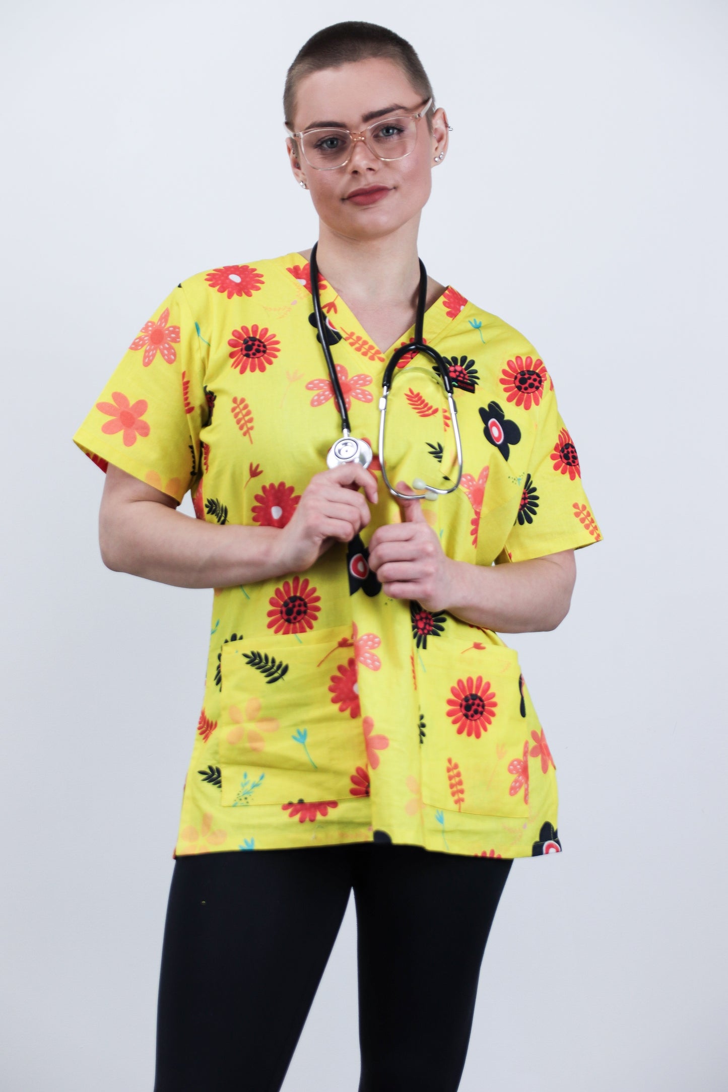 Doodle Floral Printed Womens Cotton Scrub Top Nurses Medical Australia