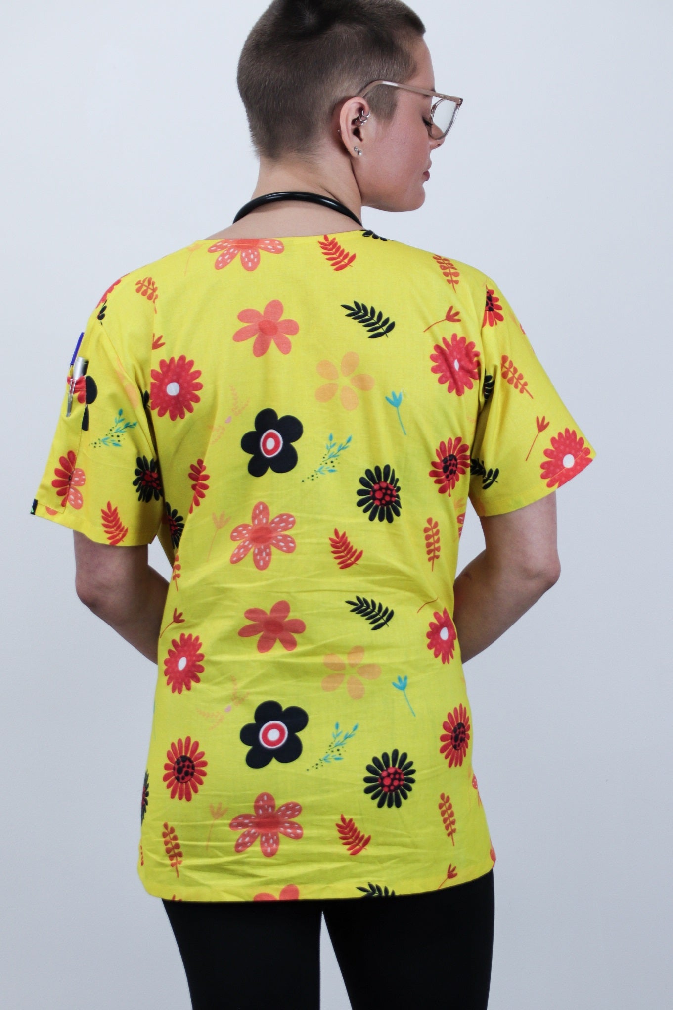 Doodle Floral Printed Womens Cotton Scrub Top Nurses Medical Australia