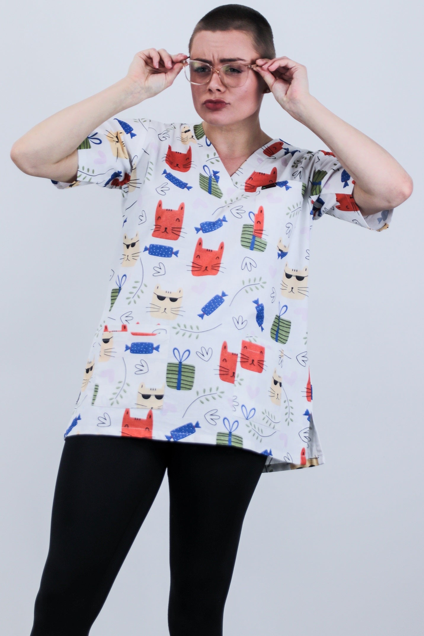 Cute Cat With Glasses Fun Printed Scrub Top Australia Nurses Doctors Allied Health