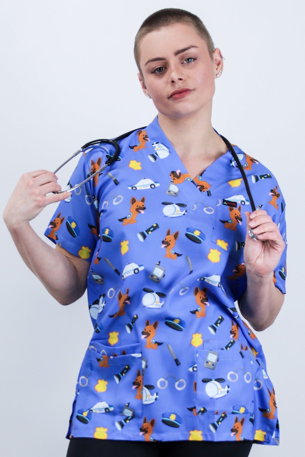 Police theme Car Dog Cap Printed  Women Medical Scrub Top Nursing pharmacy Lab