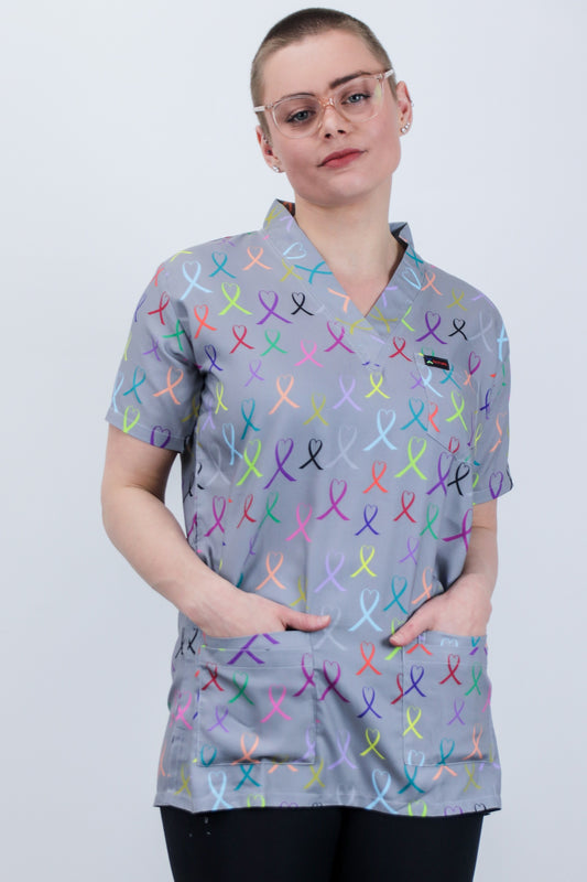 Cancer Care Ribbon Medical Printed Scrub Top Australia Multi Colour Ribbon