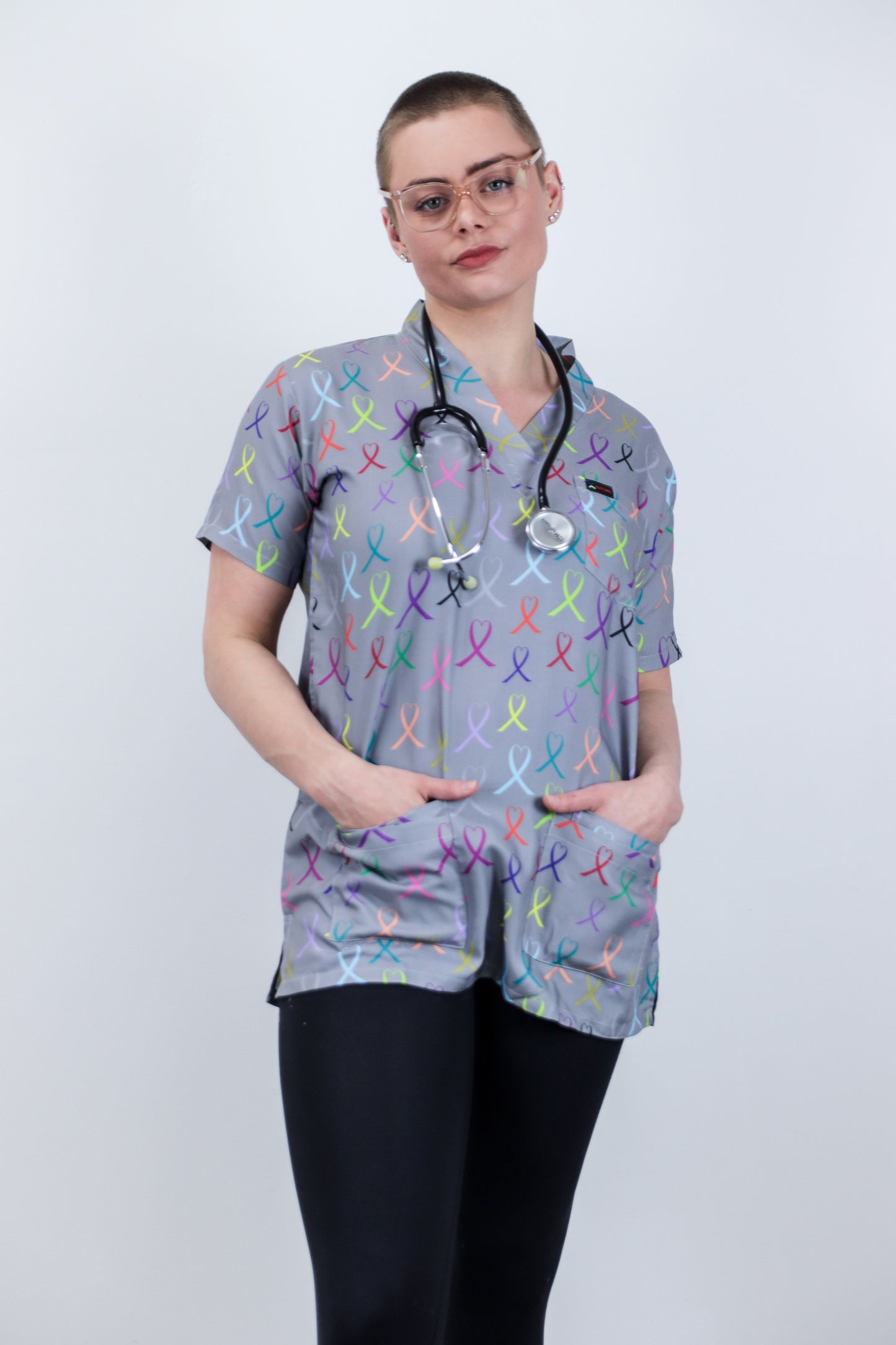 Cancer Care Ribbon Medical Printed Scrub Top Australia Multi Colour Ribbon