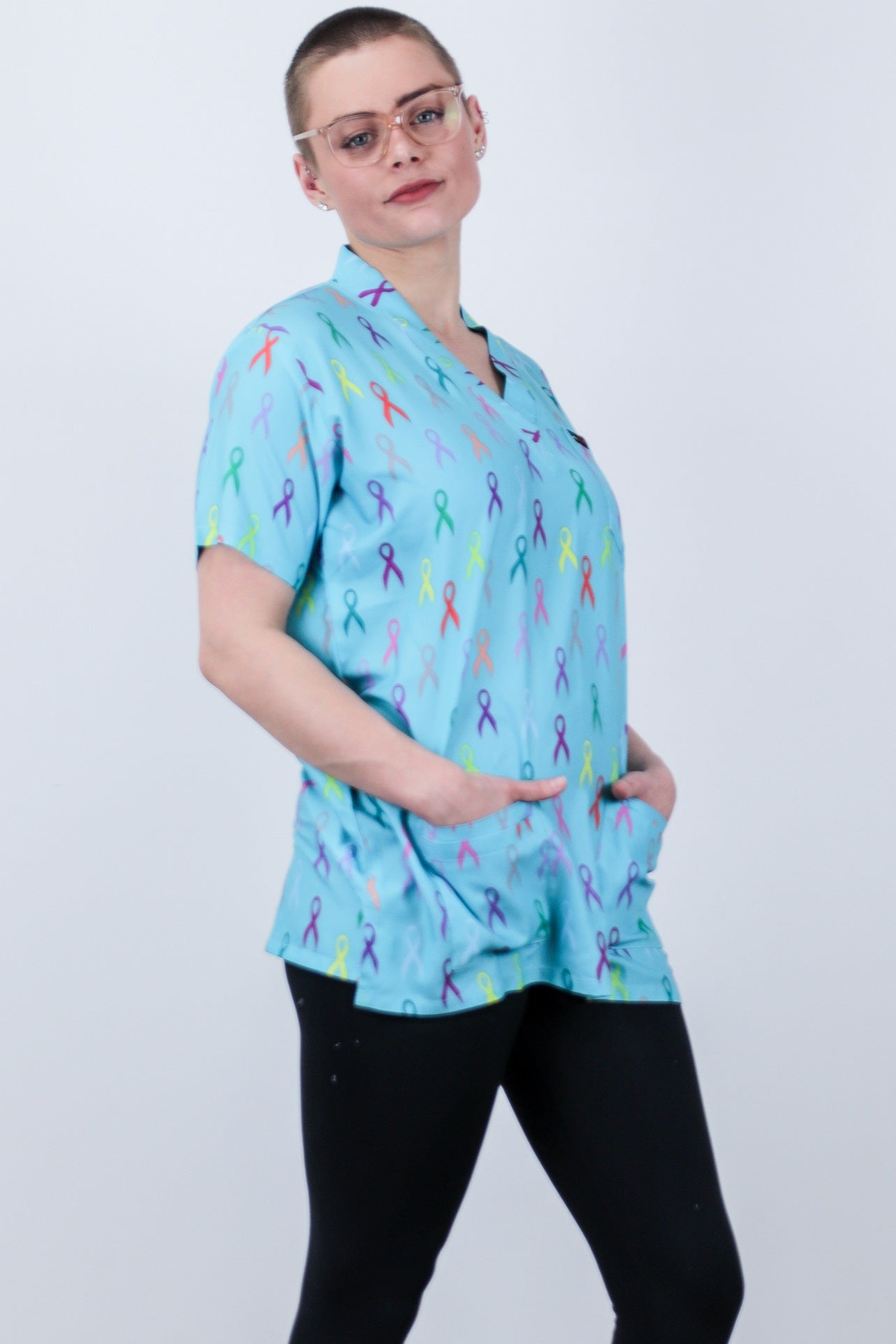 Cancer Care Multi Ribbon Medical Printed Scrub Top Australia