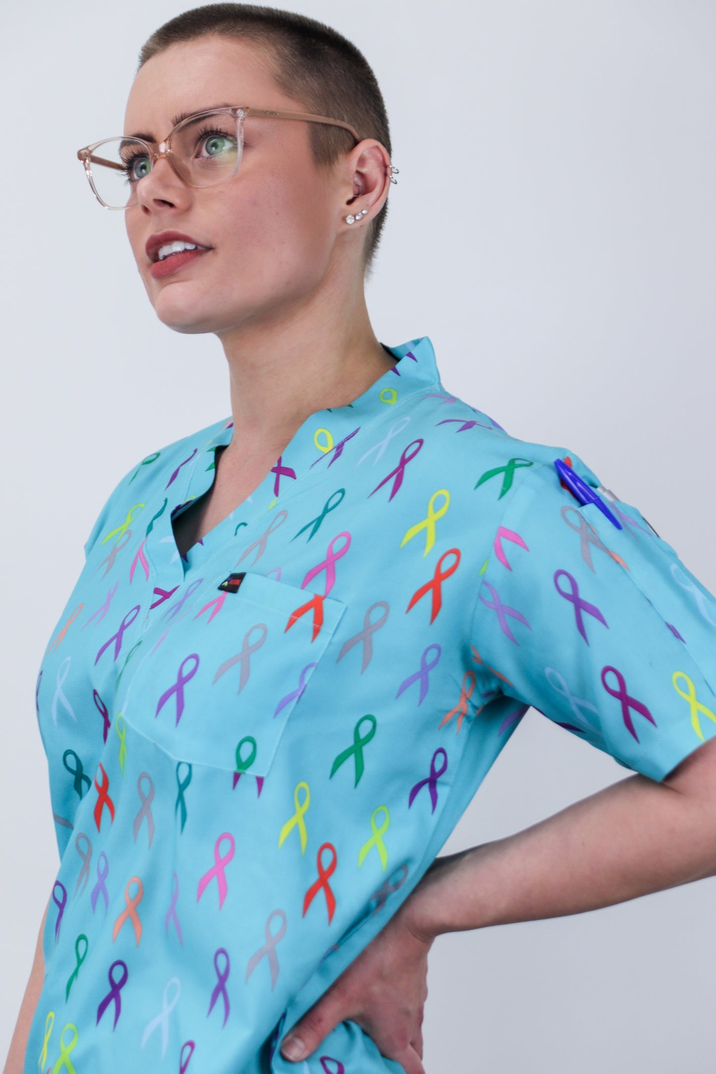 Cancer Care Multi Ribbon Medical Printed Scrub Top Australia