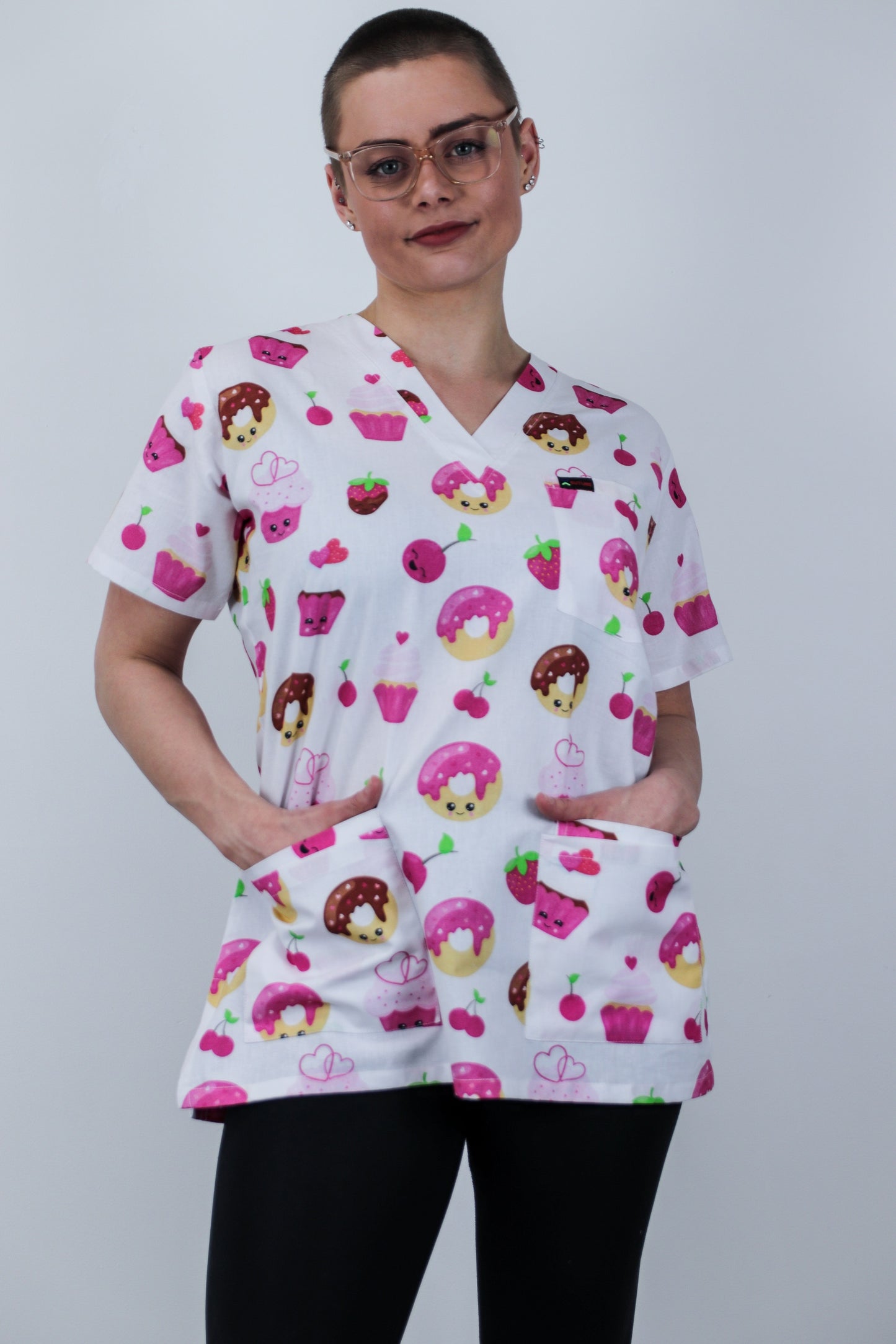 Donut Cupcake Cherry  Strawberry Pink Printed Scrub Top Fun Friday Bakery Scrub