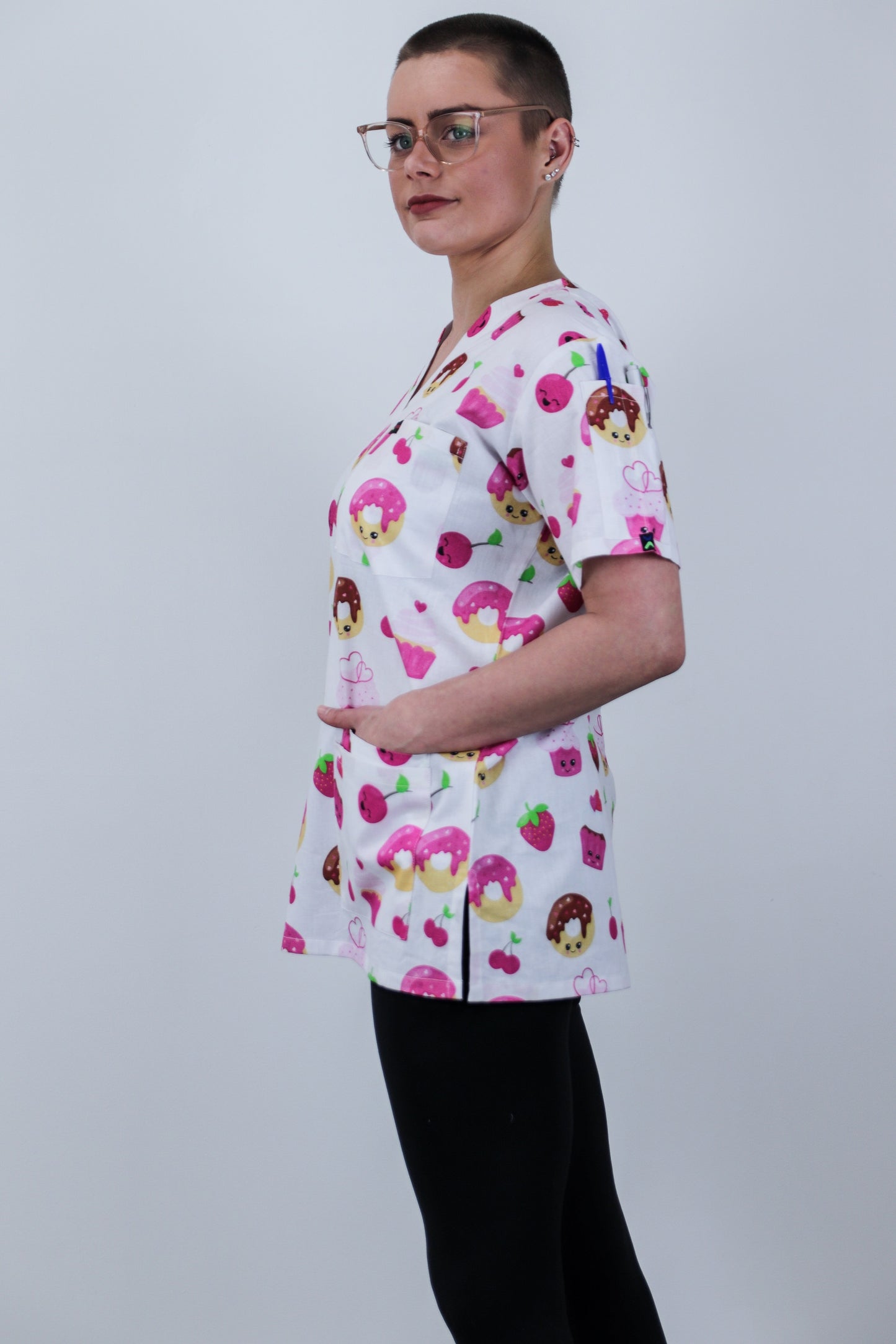 Donut Cupcake Cherry  Strawberry Pink Printed Scrub Top Fun Friday Bakery Scrub