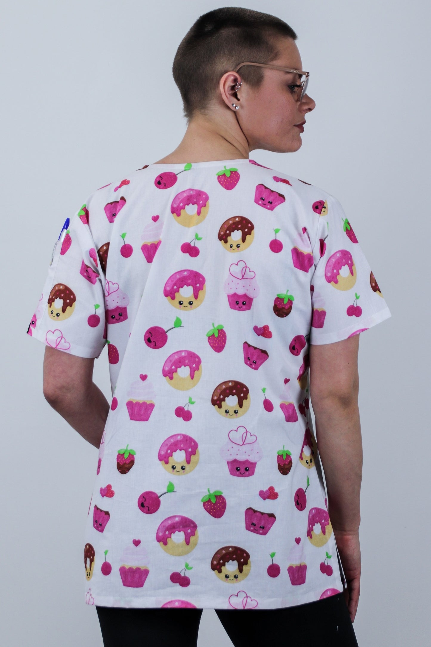 Donut Cupcake Cherry  Strawberry Pink Printed Scrub Top Fun Friday Bakery Scrub