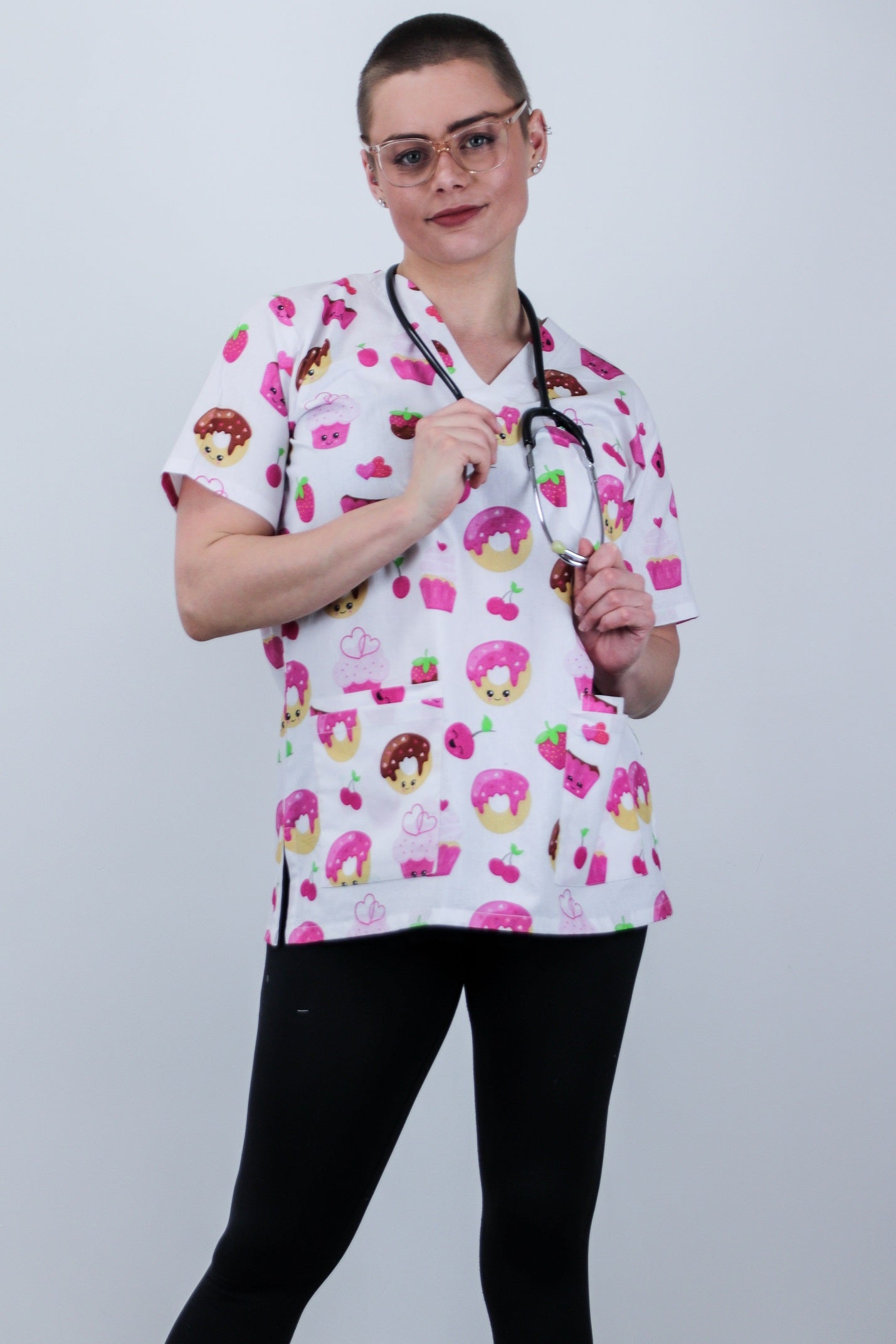 Donut Cupcake Cherry  Strawberry Pink Printed Scrub Top Fun Friday Bakery Scrub