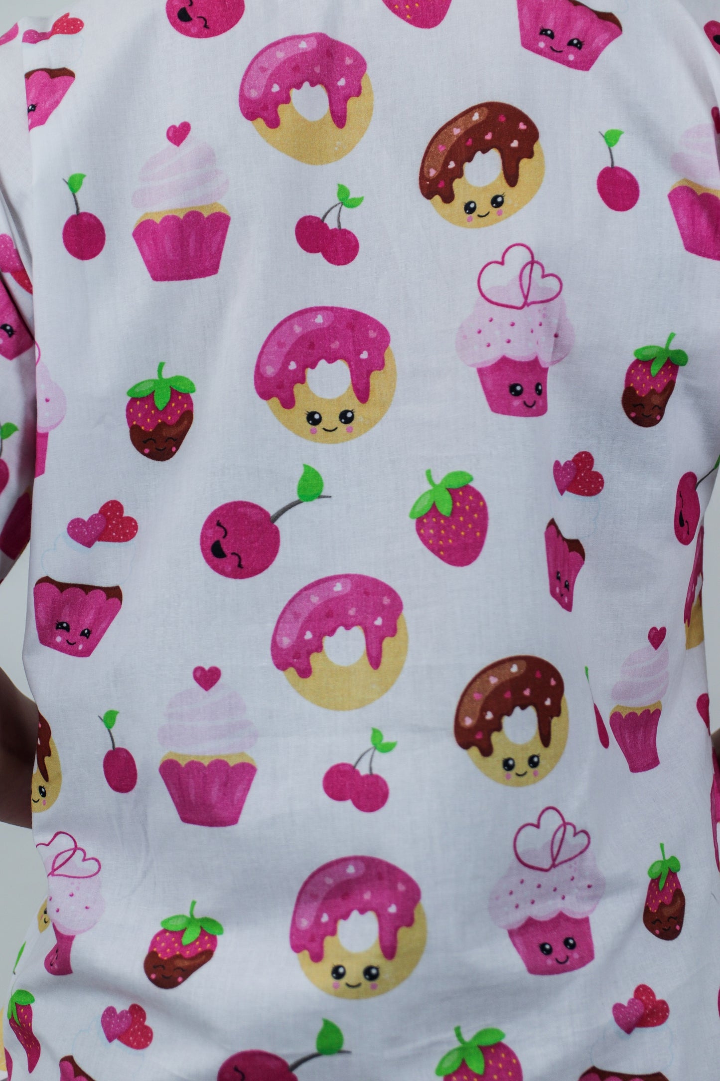 Donut Cupcake Cherry  Strawberry Pink Printed Scrub Top Fun Friday Bakery Scrub