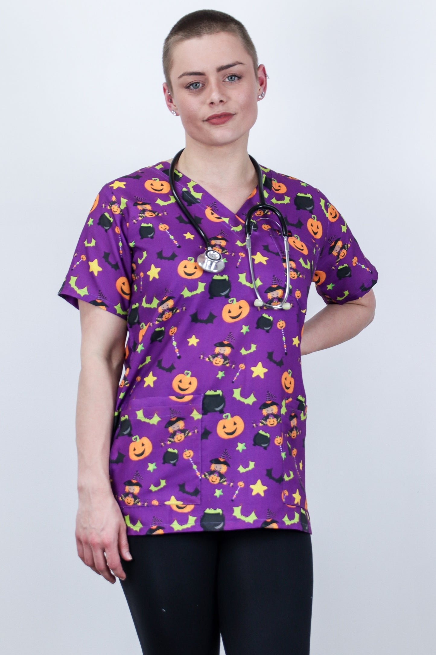 Halloween Printed Scrub Top For Women Medical Nursing Child Care