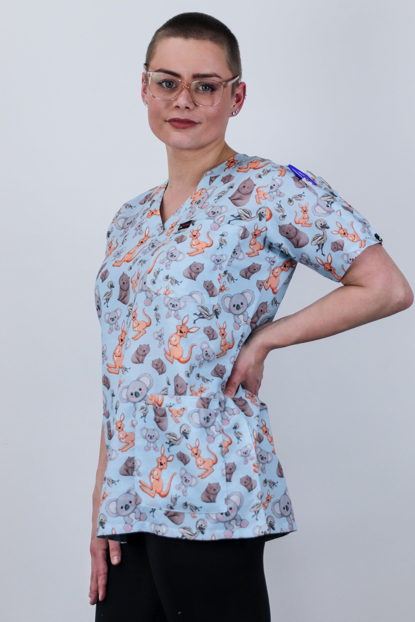 kangaroo,koala, emu and wombat Printed Cheap Womens Scrub Top Australia Nurse