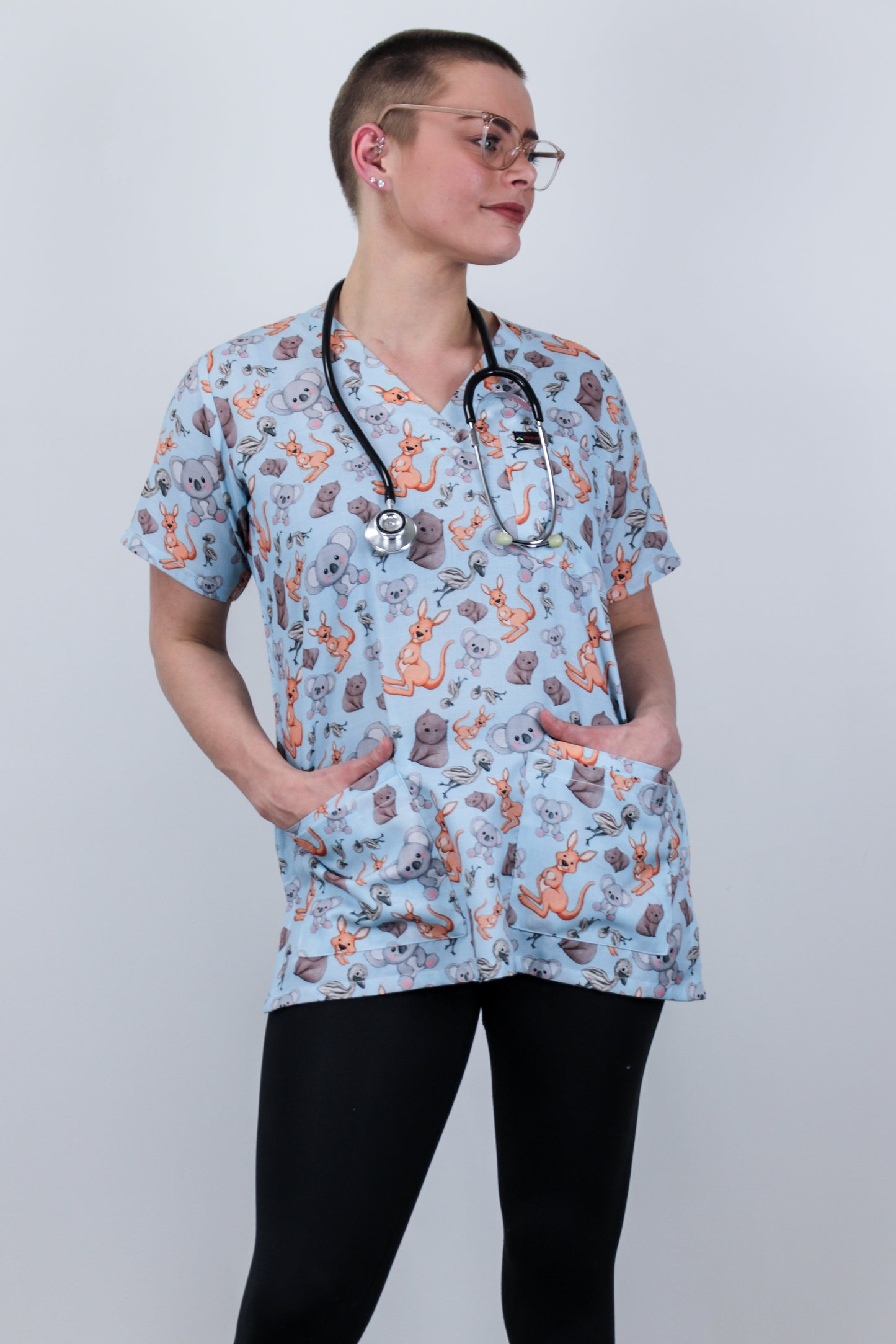 kangaroo,koala, emu and wombat Printed Cheap Womens Scrub Top Australia Nurse