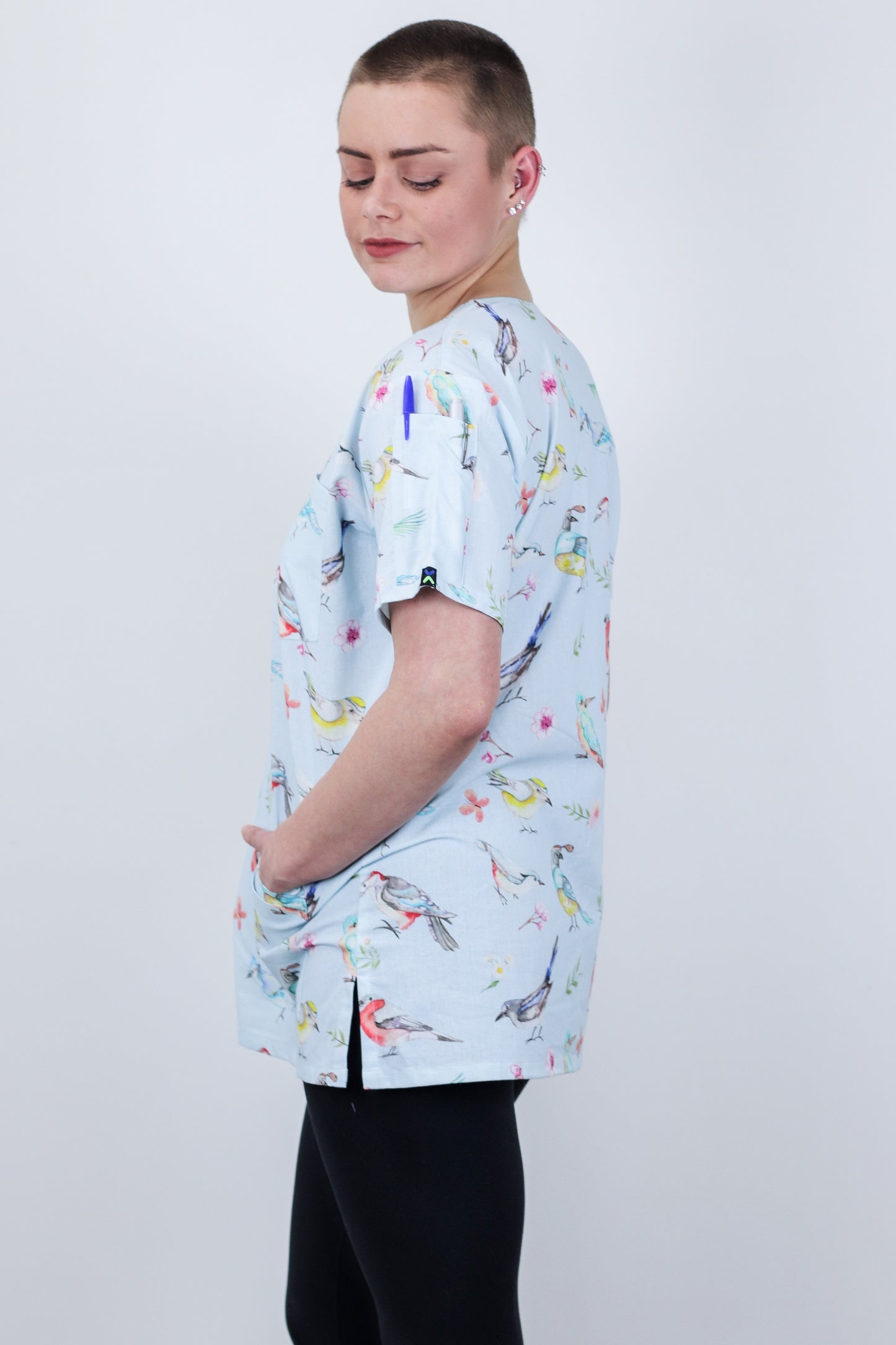 Cute Birds Printed Fun Scrub Top For Nurses Doctors Allied Health