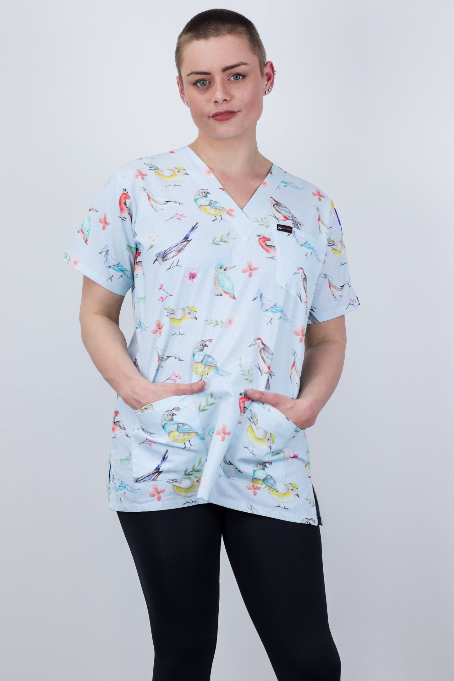 Cute Birds Printed Fun Scrub Top For Nurses Doctors Allied Health