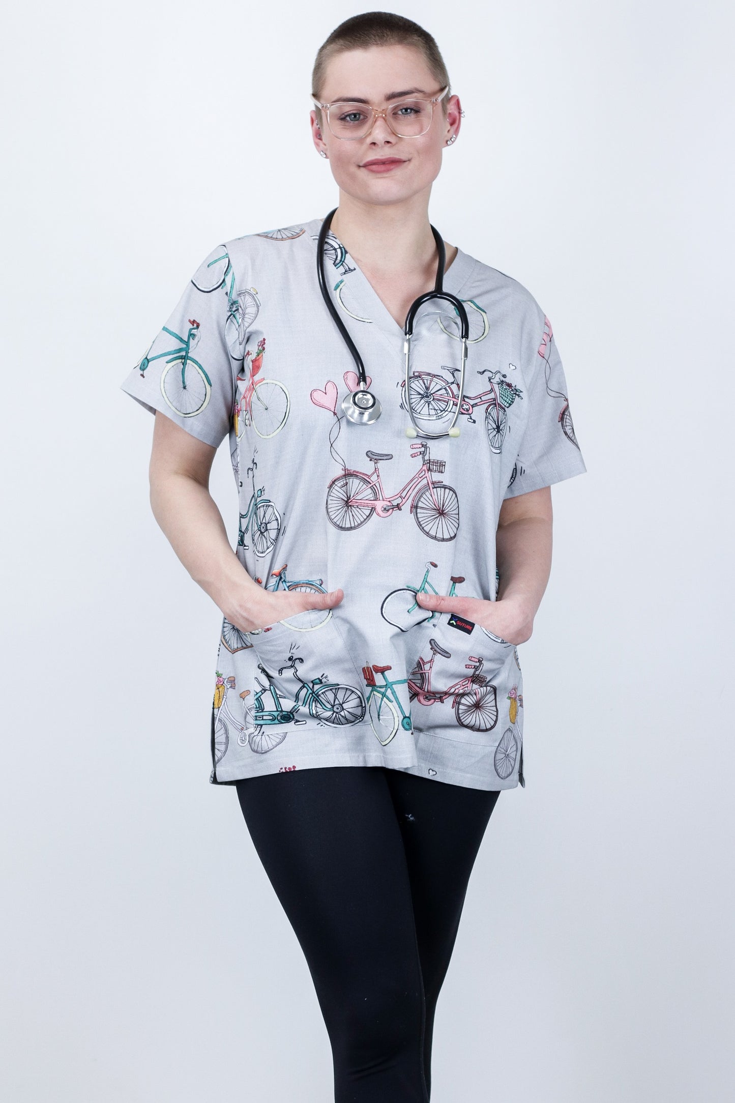 Cute Bike Printed Funky womens Scrub Top Australia Nurses Uniform