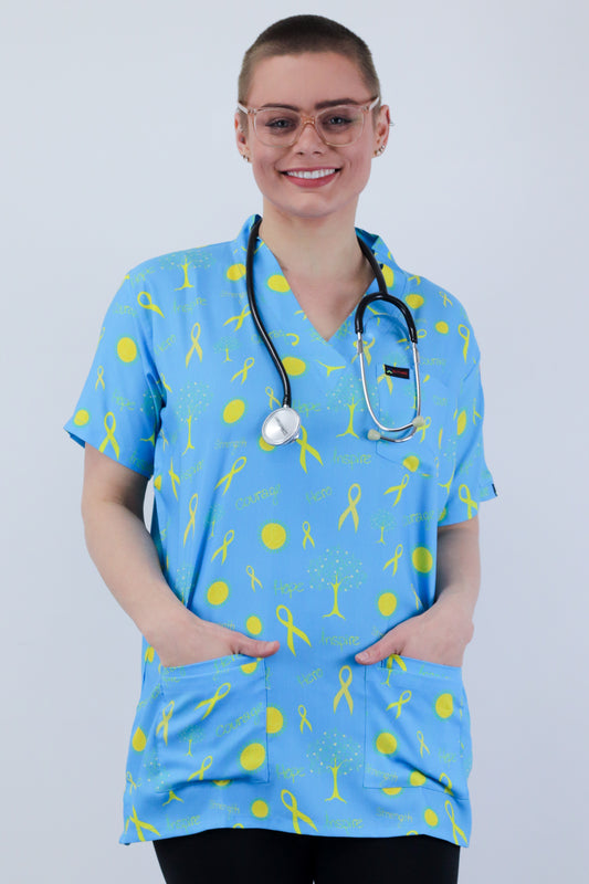 Cancer Care Printed Blue Scrub Top for Medical Nursing Paramedic Pathology