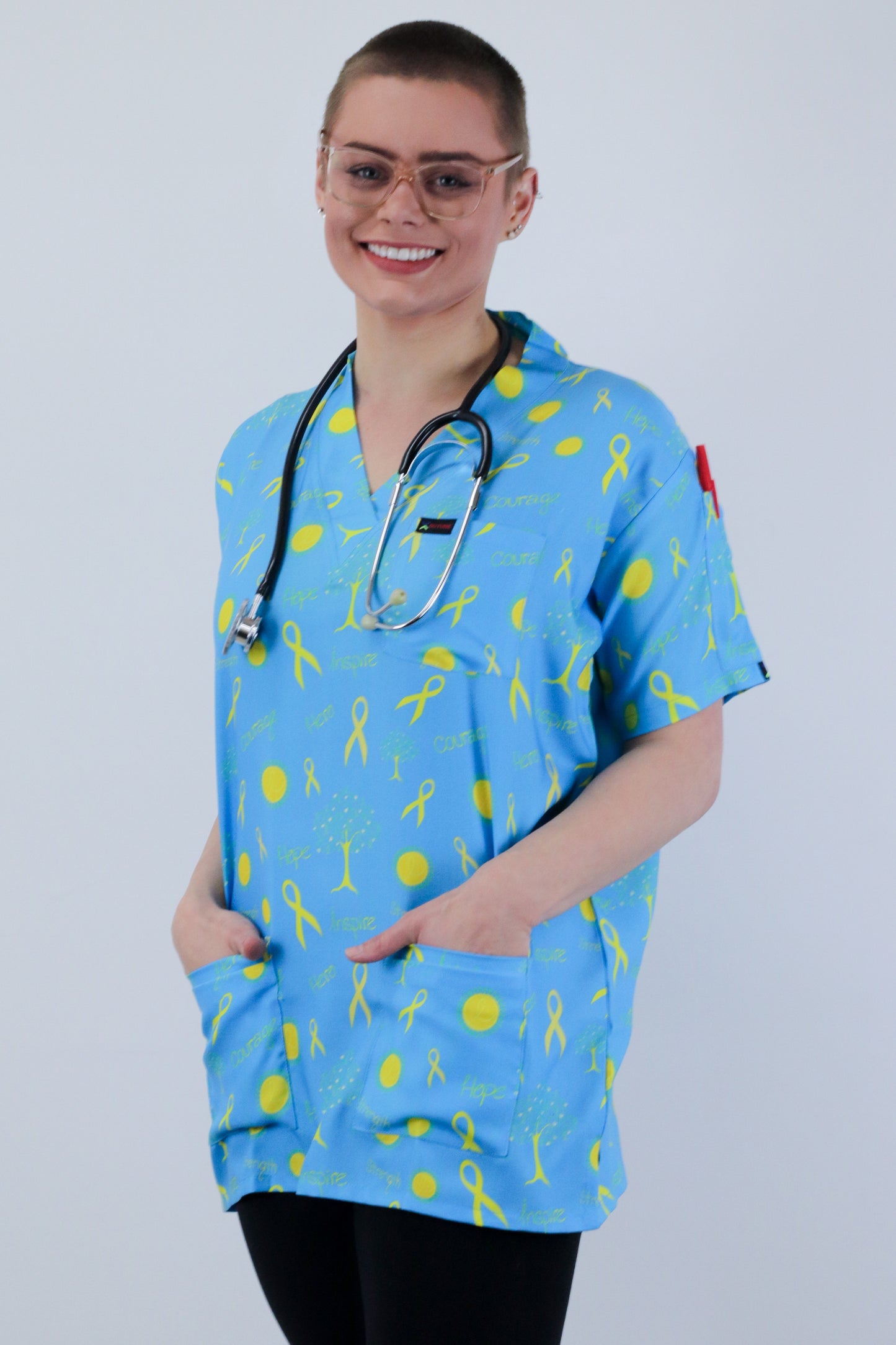 Cancer Care Printed Blue Scrub Top for Medical Nursing Paramedic Pathology